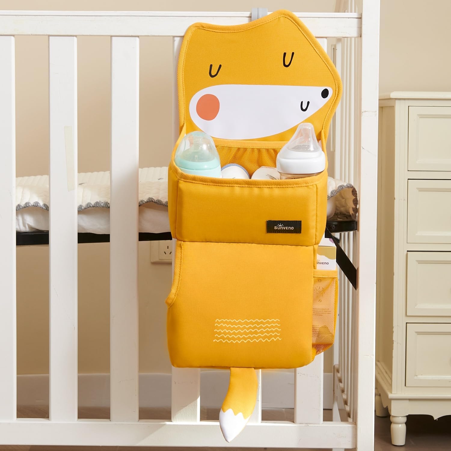 SUNEVNO Hanging Baby Diaper Caddy Organizer Diaper Stacker, Baby Crib Hanging Classified Storage Bag Organizer for Changing Table Crib Playard or Wall & Nursery Organization (Yellow Fox)