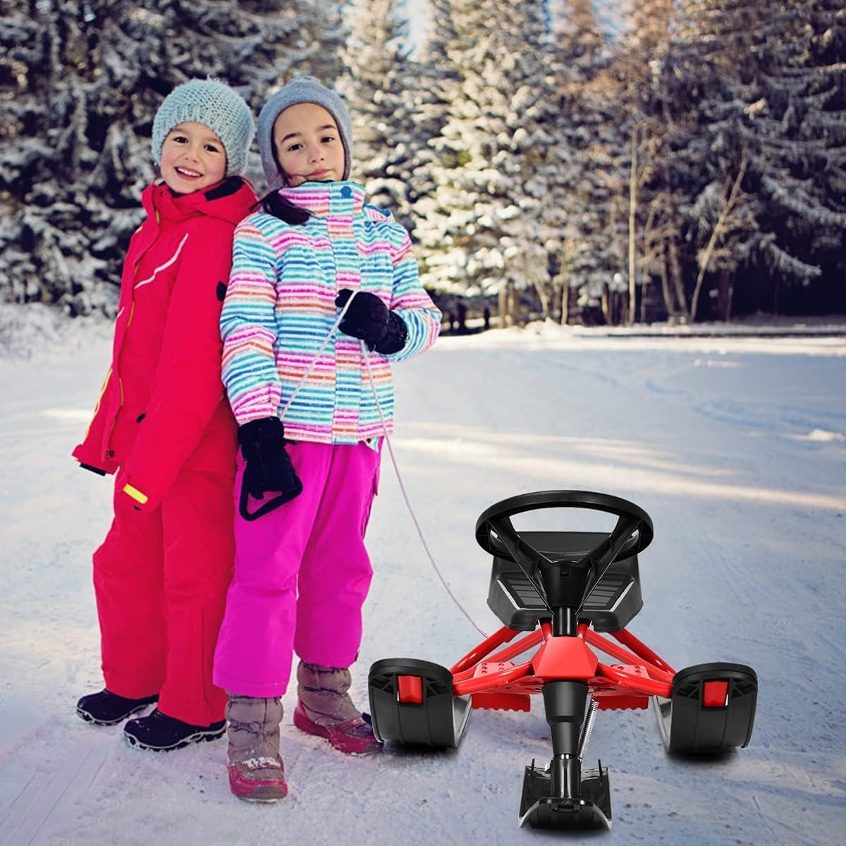 GLACER Snow Racer Sled, 44” Ski Sled Slider Board w/Steering Wheel, Retractable Pull Rope, Twin Brakes, Winter Wide-Track Skis Sleigh for Kids Age 4 & up, Holds 2 Children or 1 Teenager