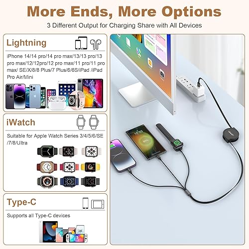 Miniatura 4 de Cable de carga retráctil para iWatch 2023 para automóvil, cable de carga retráctil 3 en 1 para Apple Watch, 3 cables de carga para Apple Watch