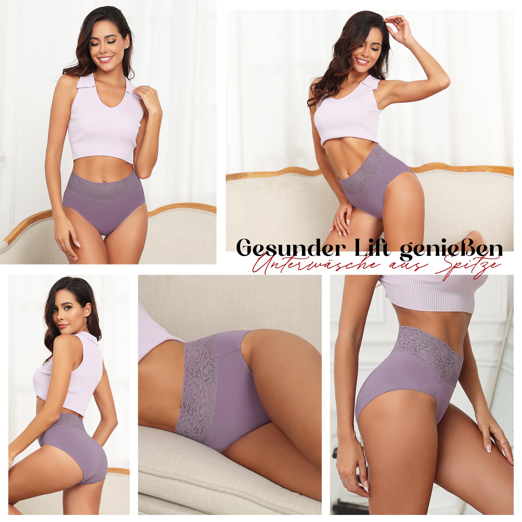 Wealurre Bragas Mujer Algodon Cintura Alta Encaje Pack de 5