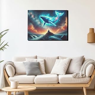 Glowing Whale Canvas Art Waterproof Mystical Marine Life Print Starry Ocean Night Wall Decor for Bedroom Meditation Room Gift