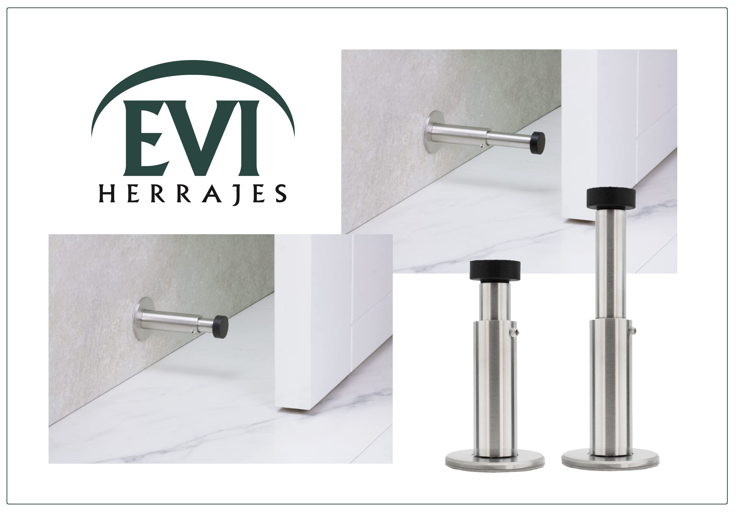 EVI Herrajes|Fermo a parete regolabile da 88 a 128 mm|Doppia installazione, base adesiva o vite | Acciaio inossidabile, silicone naturale e adesivo 3M|Protegge Porte, Mobili e Pareti|040258DUALAM