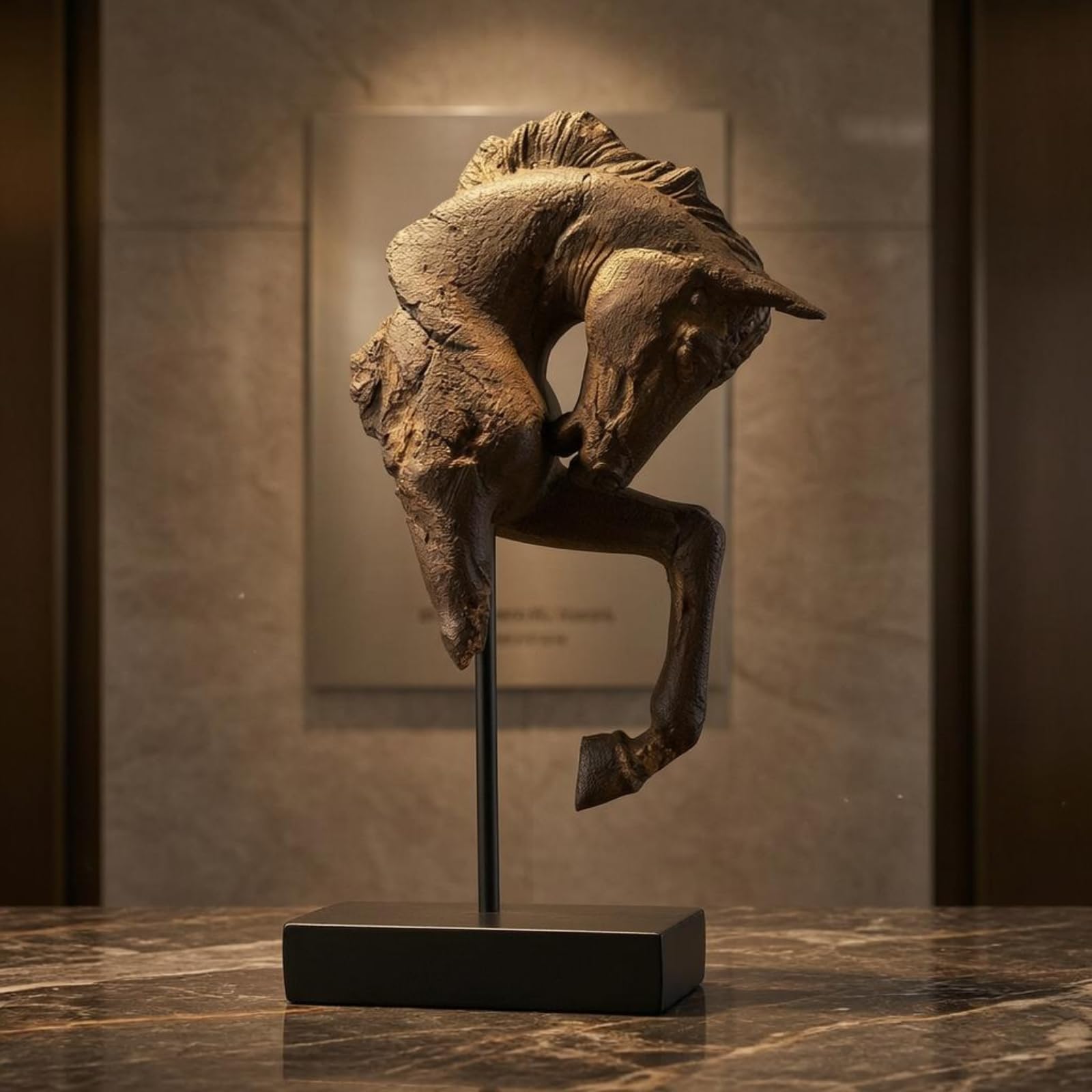 Milageto Estatua de Caballo Decorativa Busto Escultura Figura Ornamento con Silueta y Pátina Oscura Montaje en Soporte Negro para Escritorio y