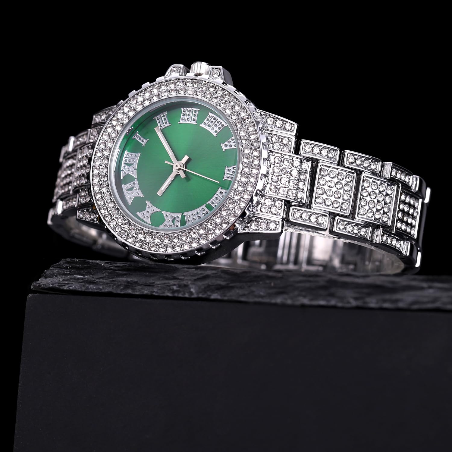 oyeaho Watches for Women Diamond Watch Silver Watch for Women Iced Out Watch Rhinestone Watch Stainless Steel Quartz Watch Luxury Watches for Men Bling Watch Fashion Crystal Mens Watches Green Dial