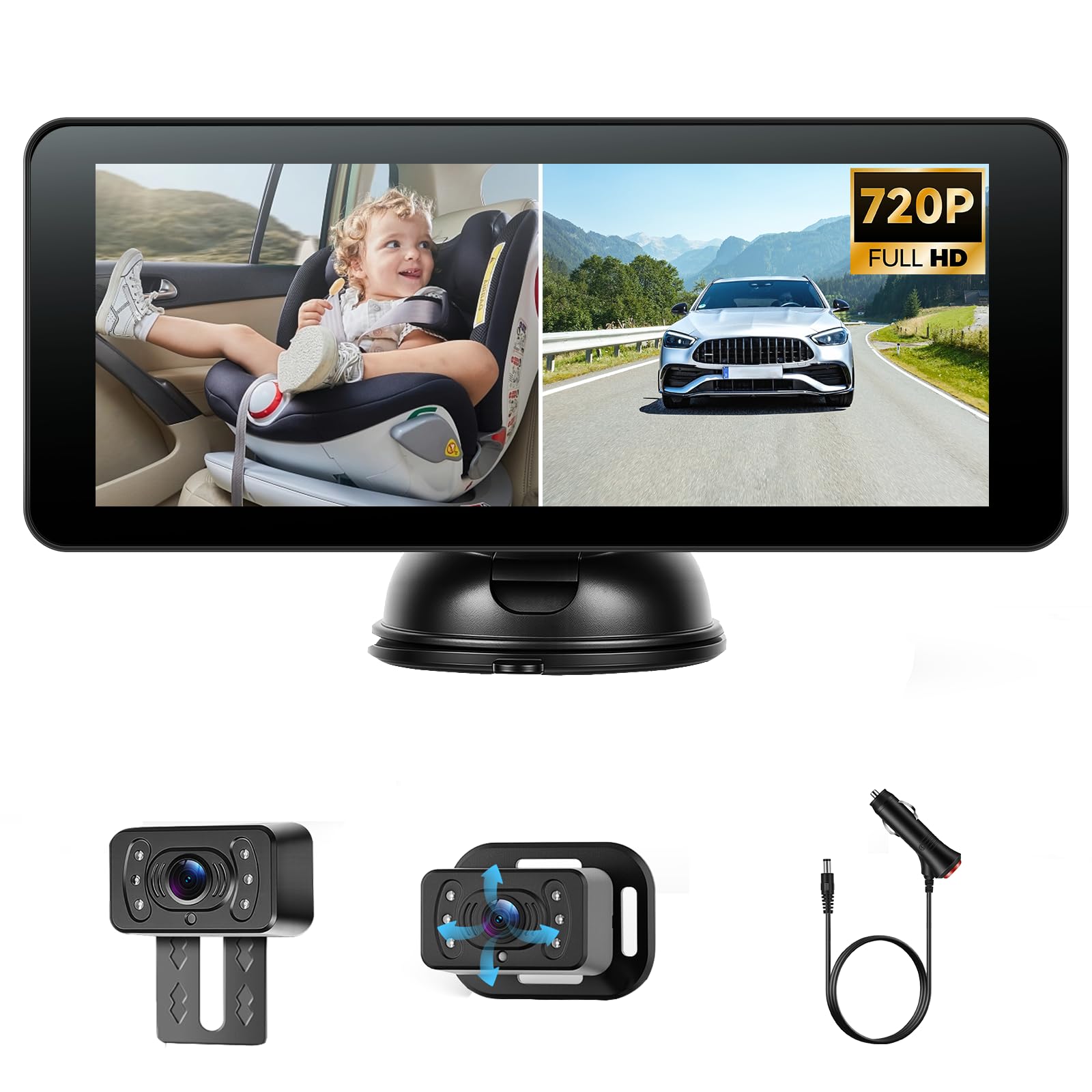 VECHTEL Moniteur Auto 6,86" IPS pour Bébé, Double Caméra 720P, Moniteur avec Caméra pour bébé Rotative 360°/Caméra de Recul IP69 Étanche, Vision Nocturne Grand Angle pour Voiture 12V Camping Car