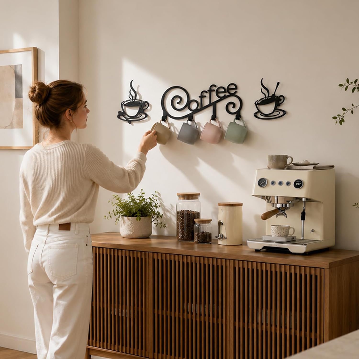 OYEFLY Vine Coffee Mug Holder Wall Mounted Metal Cup Rack with Hooks Coffee Bar Accessories Organizer for Kitchen Wall Decor Housewarming Gift