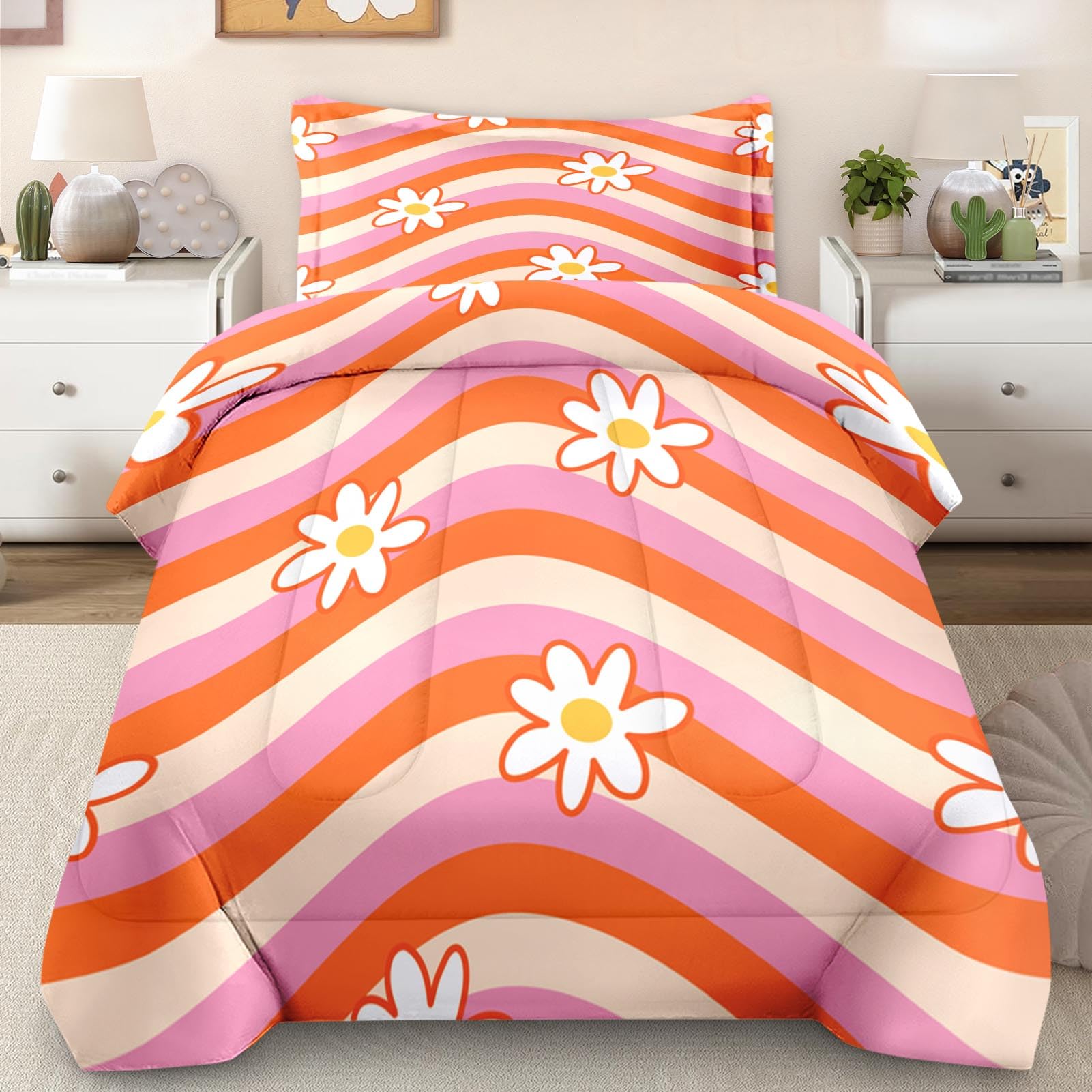 Pamnest Comforter Set Twin Size, Daisy Retro Orange Soft 2 Pcs Bedding for Kids and Adults, Pink Hippie Aesthetic Comforter Set with Pillowcase, for Bedroom Bed Decor