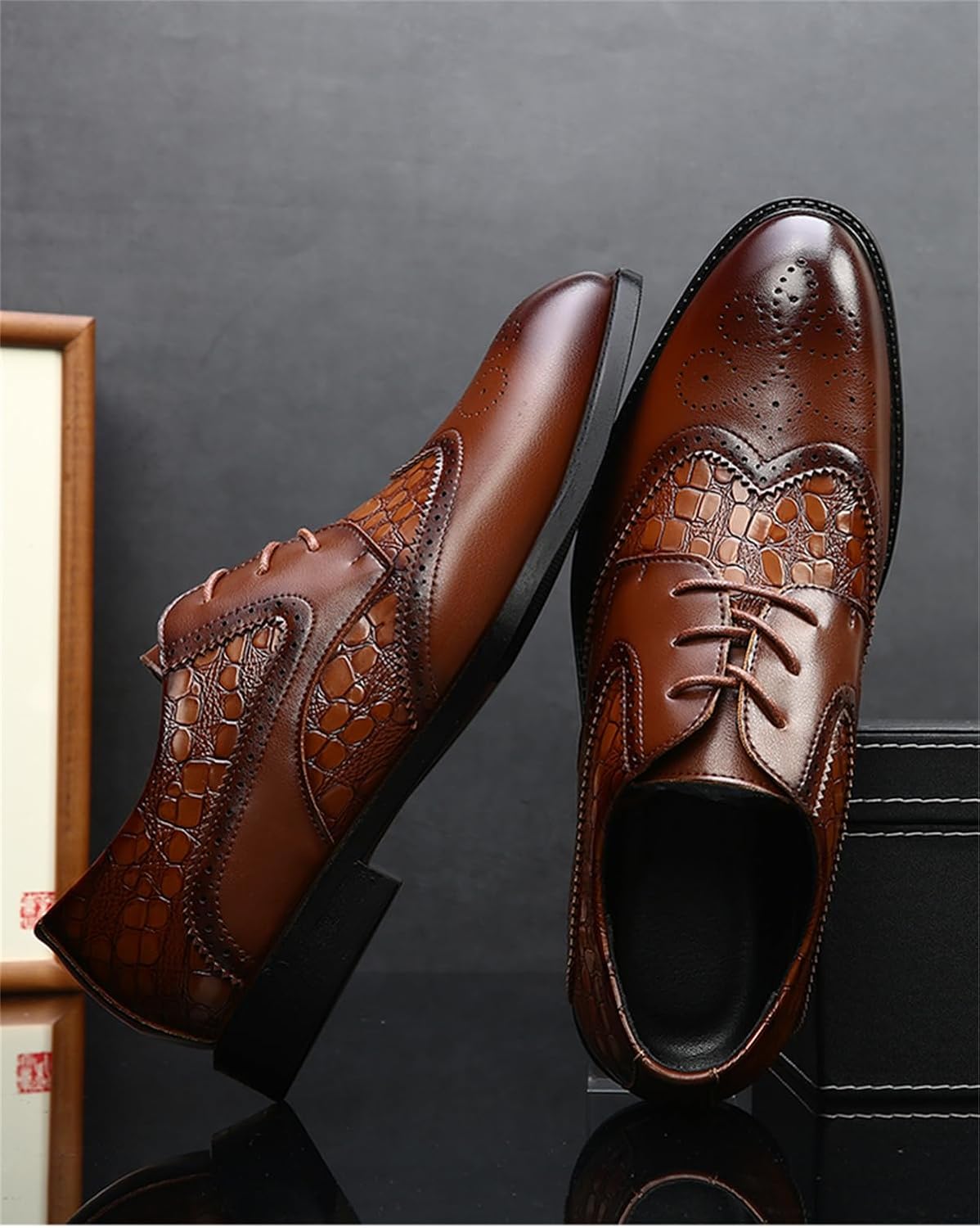 Men's Crocodile Print Wingtip Dress Shoes Formal Business Oxford for Men Retro Brogue Derby Shoes - Image 4