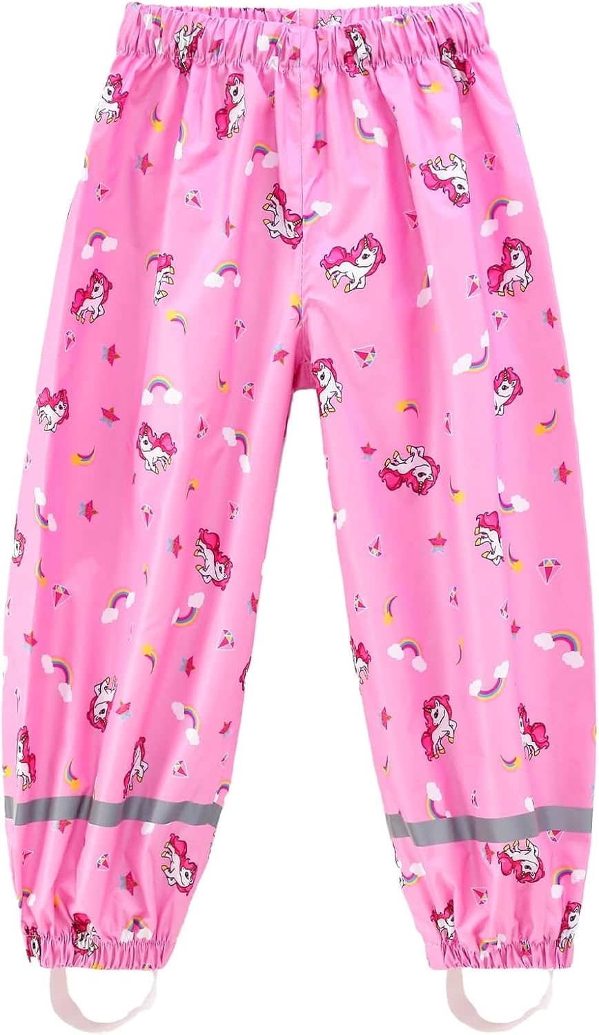 Wanheart Kids Waterproof Rain Pants – PU Coated, Elastic Foot Straps, Reflective Strips, for Kids, Toddlers, Boys & Girls