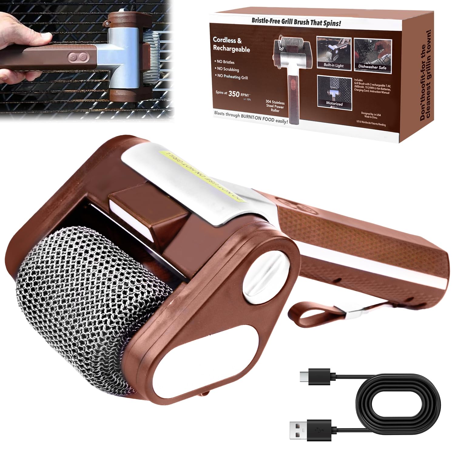 Vibbang Nettoyeur de gril électrique sans fil, Brosse Barbecue acier inoxydable 304, 350 TR/Min