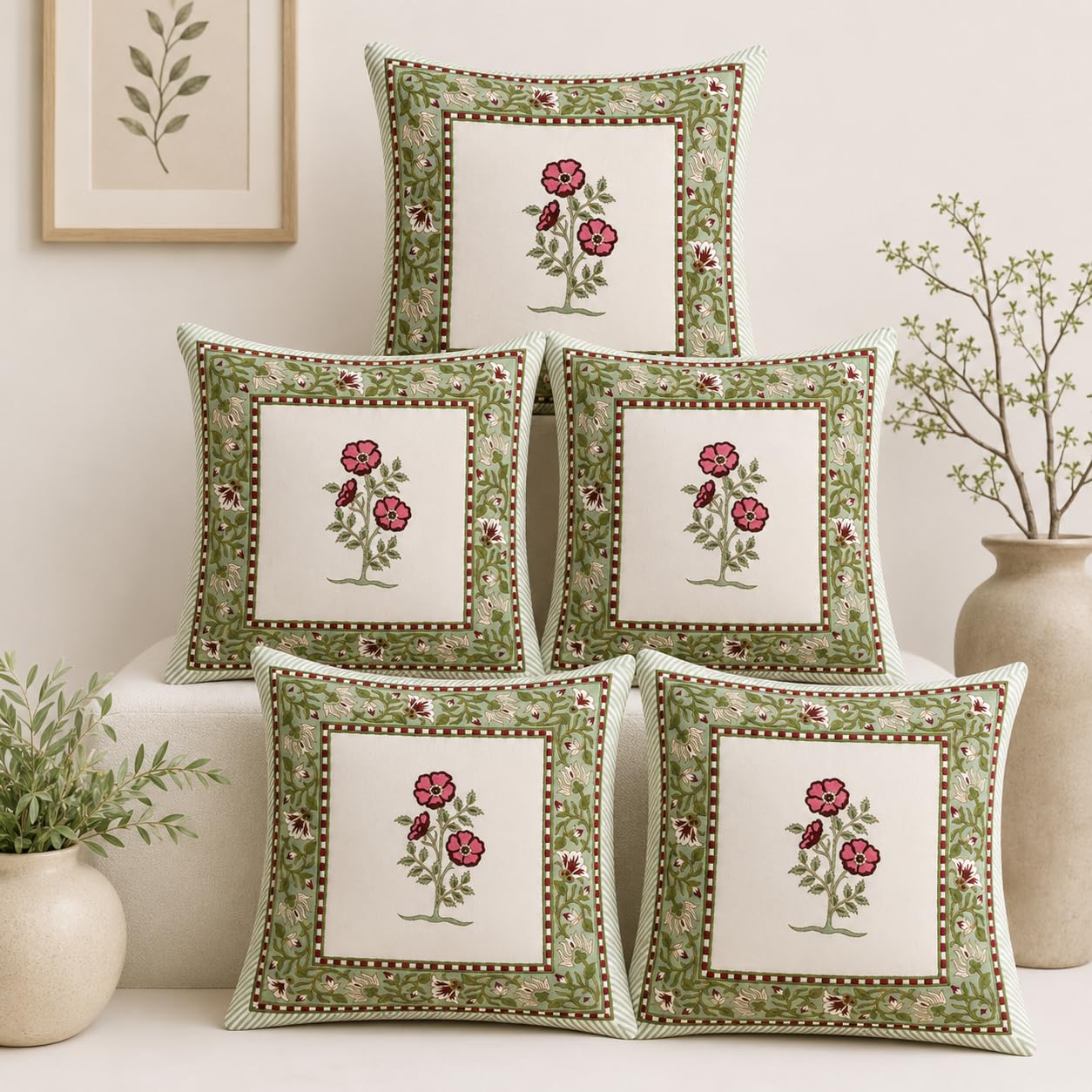 elanorhomes Cushion Covers 16x16 Inches – Pack of 5 | Jaipuri Hand Block Print Cotton Pillow Covers | Soft 300 TC Cotton Decorative Throw Cushion Cover Set for Sofa, Bed & Living Room (Blush Bloom)-image-38