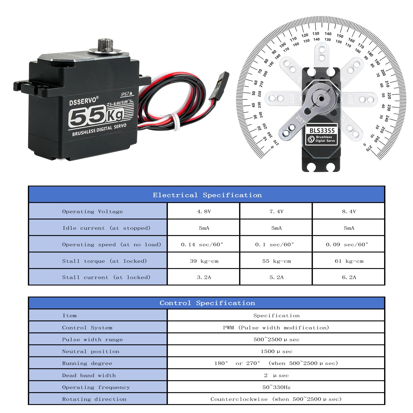 55kg Brushless Servo High Speed RC Digital Servo Waterproof IP67 Full Metal High Torque Servo for 1/8 1/10 RC Car Crawler (BLS3355) (55kg, 270°)