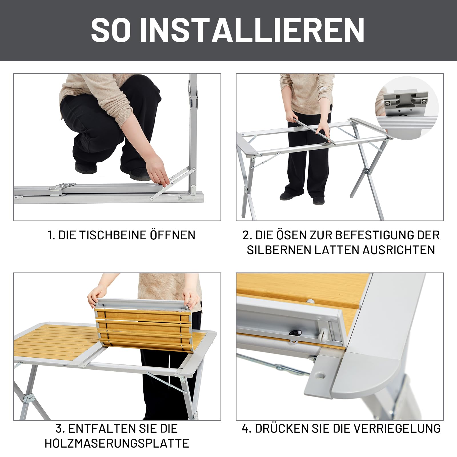 TIMBER RIDGE Campingtisch Klappbar Aluminium Klapptisch für 4-6 Personen Falttisch mit Aufrollbare Tischplatte Faltbar 110x70cm mit Tragetasche Holzoptik für Picknick Garten Camping Balkon