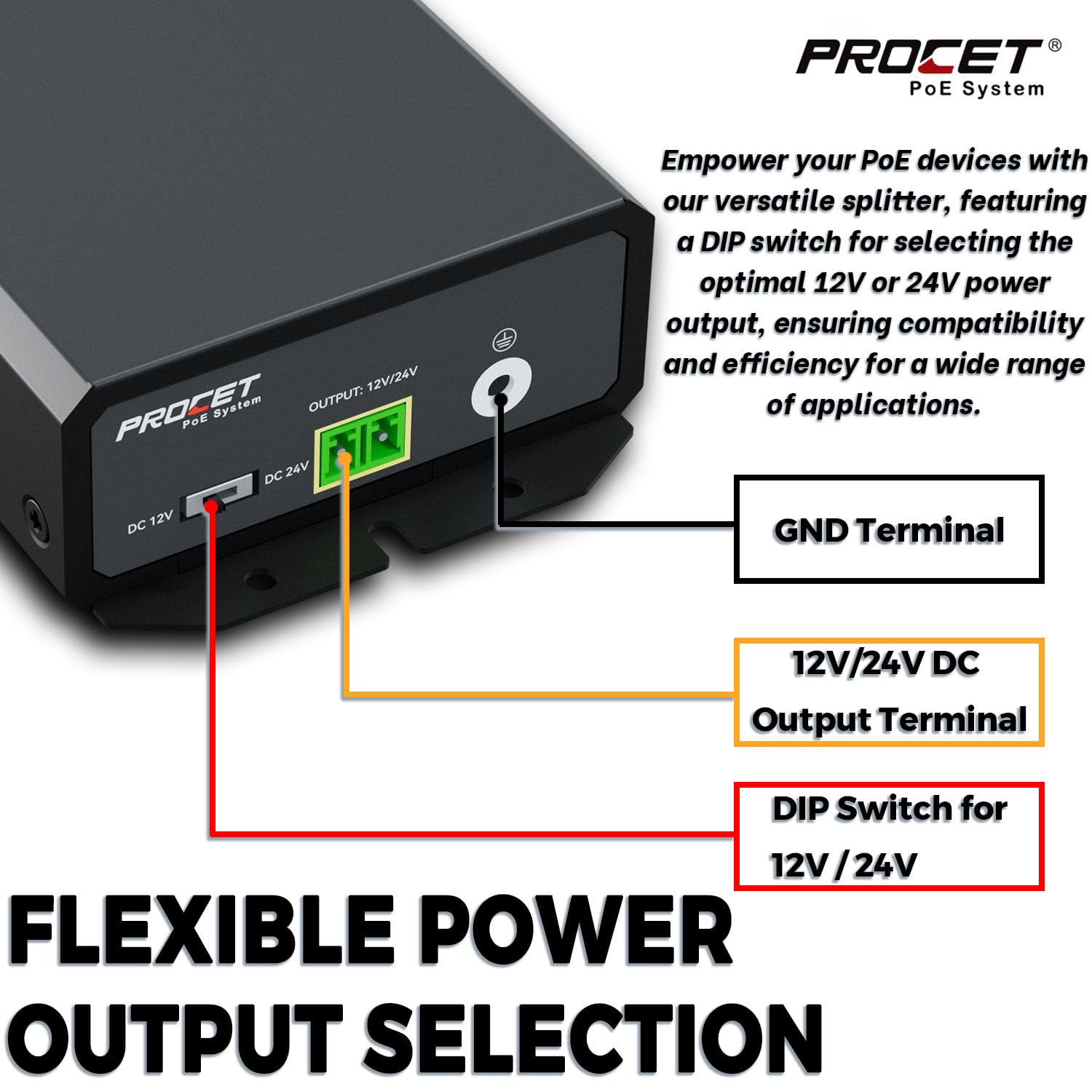 PROCET Gigabit PoE Splitter 12V/24V DC 25W, IEEE802.3af/at/PoE+ Compliant PoE+ Power Adapter, IP40, Work Temp -40°F to 149°F, 6KV Surge Protection, for Non-PoE terminals, PT-PD208GT