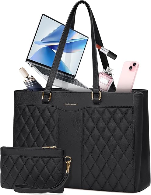 RAINSMORE Sac portable pour femmes 15.6 Inch travail sacs de poche en cuir ordinateur portable de bureau de bout professionnel ordinateur de Purse sac à main femme mallette avec embrayage pour le bureau de l'enseignant Voyage, noir