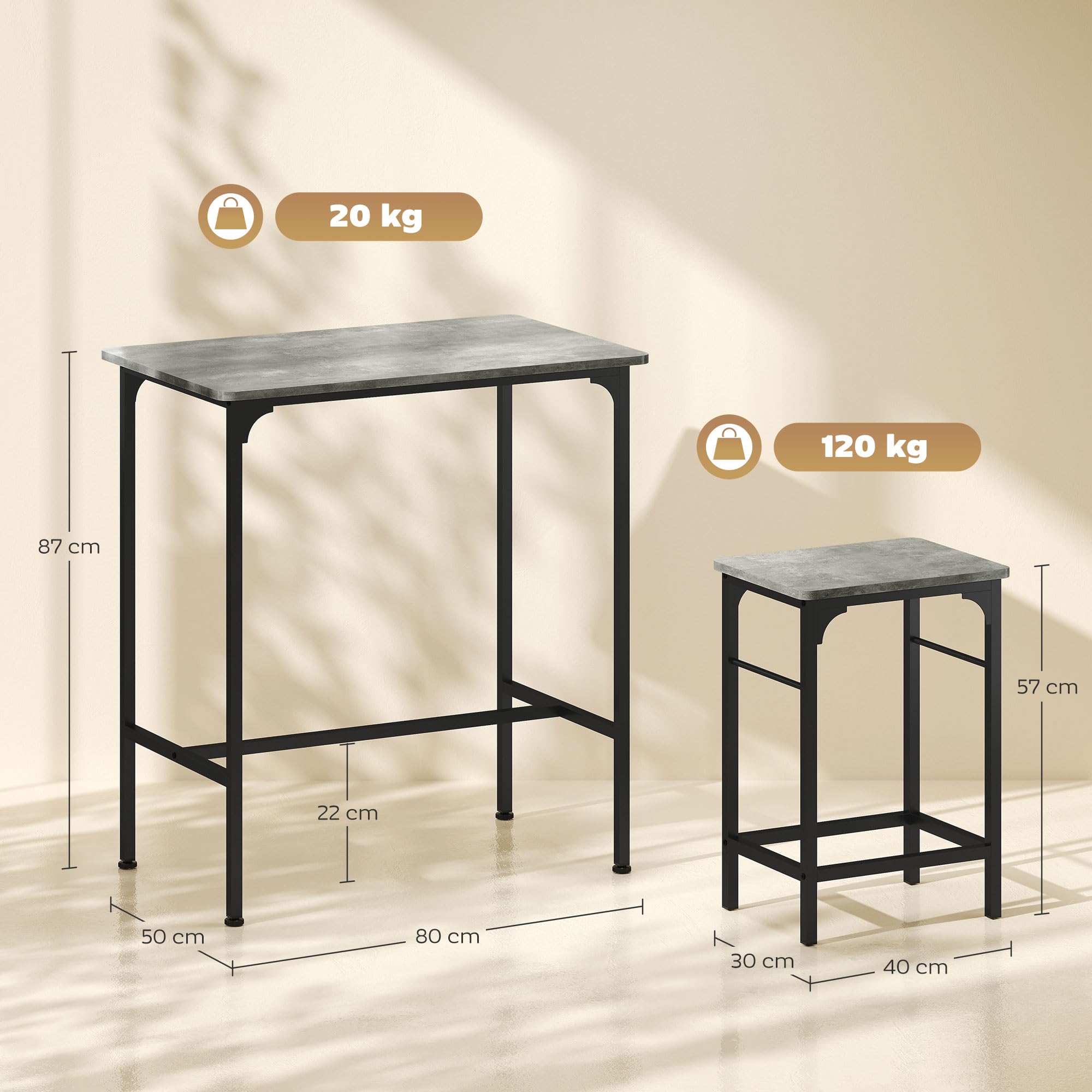 HOMCOM Bartisch Set Bartisch mit Barhocker-Set Esstisch mit 2 Stühlen mit Rutschfestem Fußpolster Küchentisch für Esszimmer, Küche, Grau