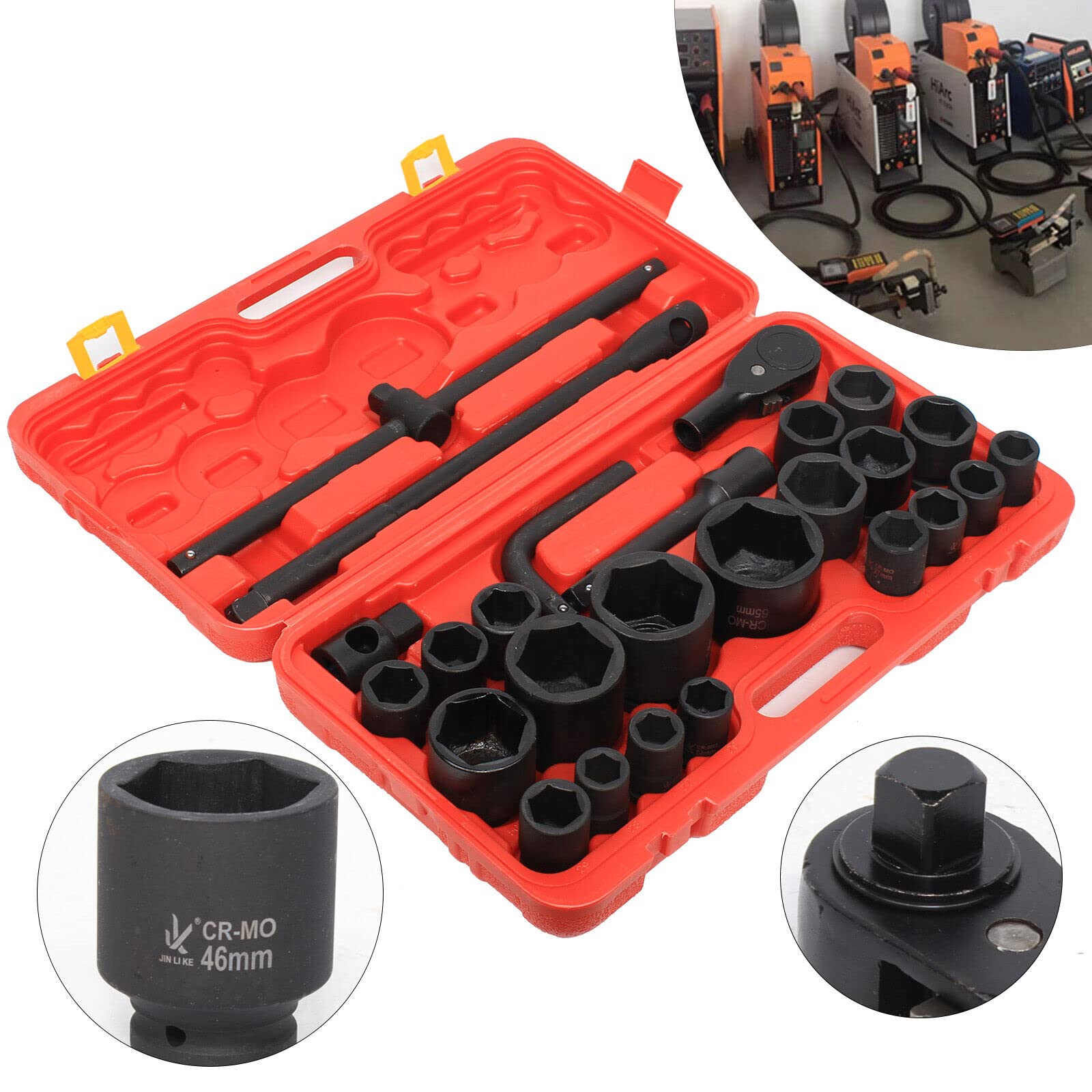 Juego de enchufes profundos Impact 26 piezas 3/4" y 1" 21-65 mm Bujes de coche Camión Caja de trinquete Kit de herramientas manguito camión trinquete manga llave kit con llave de trinquete