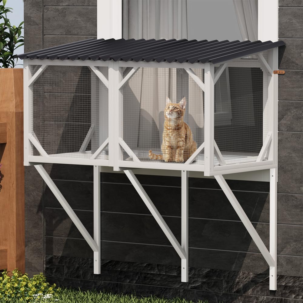 Cat Window Perch for Large Indoor Cats - Spacious Wooden Cat Catio with Mesh Enclosure for Safe Outdoor Viewing and Sunbathing (Grey + Plastic + Wood+Metal + PPE)