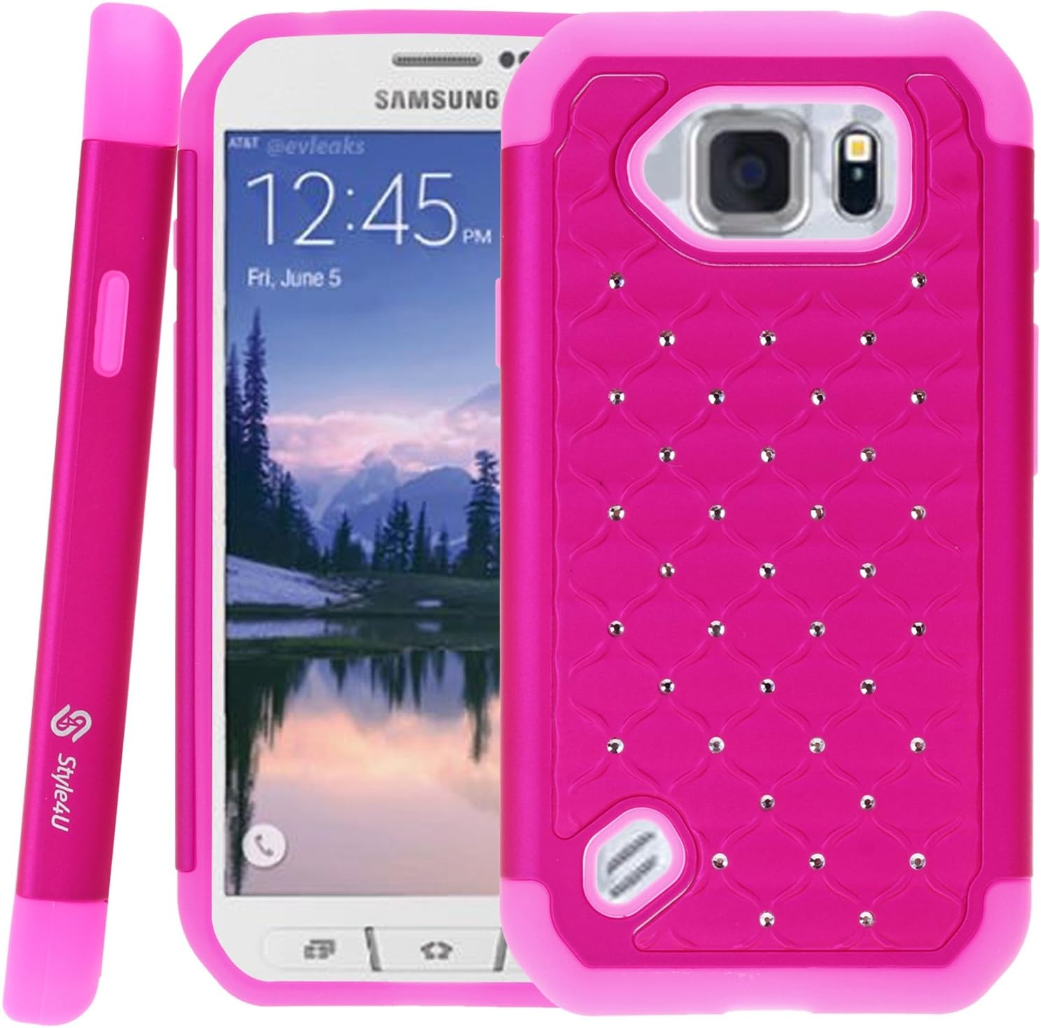 Style4U S6 Active Case, Galaxy S6 Active Case, Studded Rhinestone Crystal Bling Hybrid Armor Case Cover for Samsung Galaxy S6 Active **Does Not Fit Galaxy S6** with 1 Stylus [Hot Pink/Hot Pink]