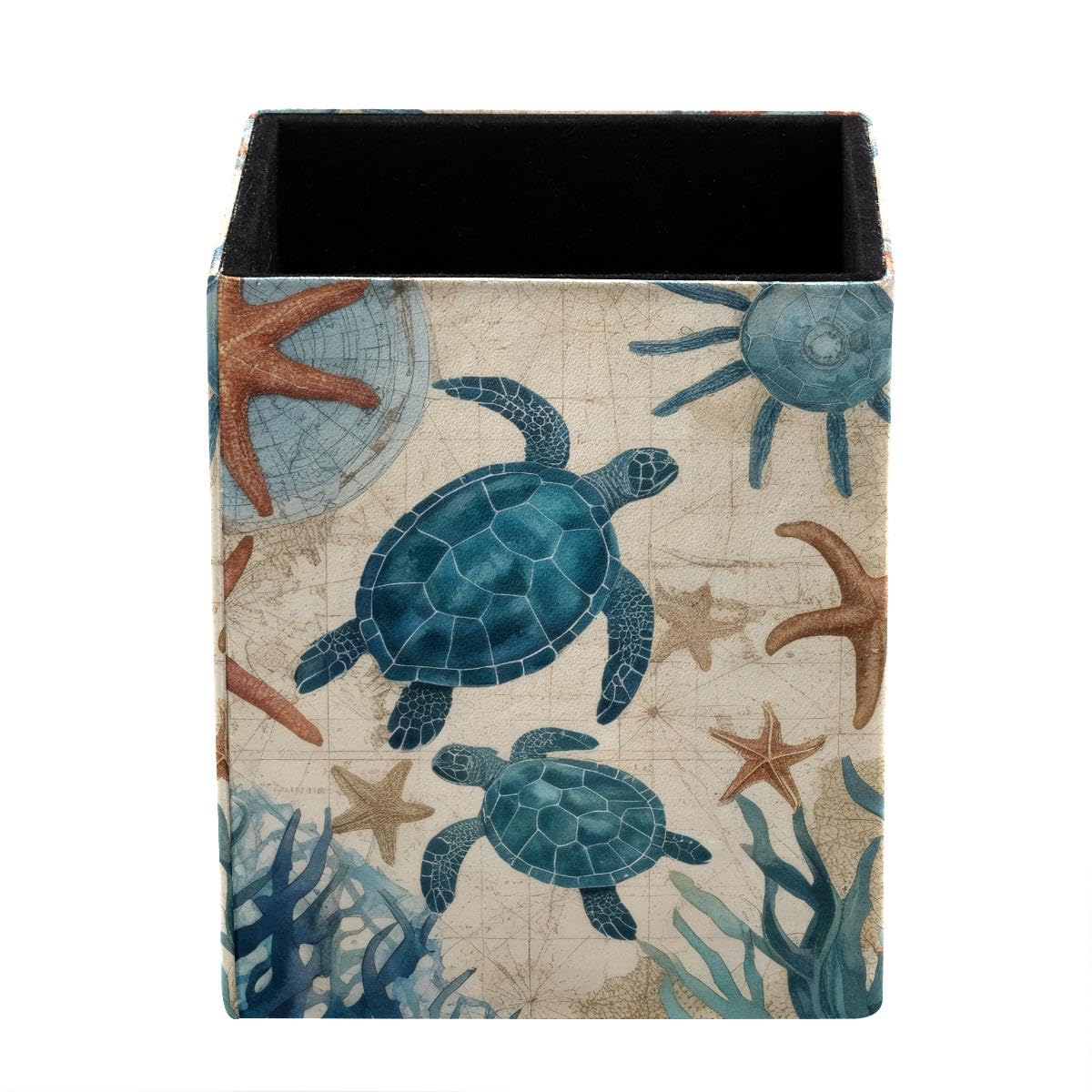 HEOEH Sea Turtles Vintage Pen Holder Pen Pot, Square Pencil Cup for Desk