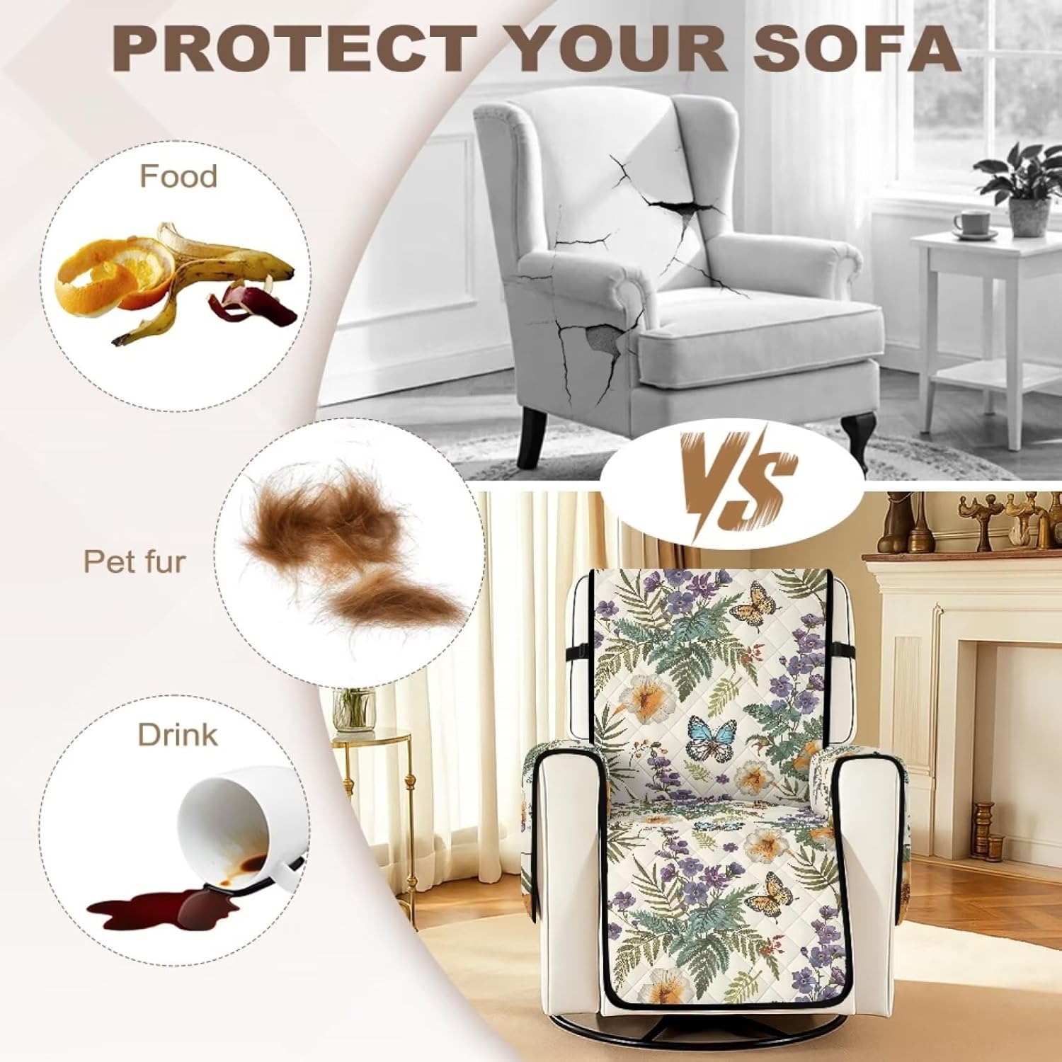 Butterfly Flower Leaf Print Non Slip Recliner Slipcovers, Washable Lazyboy Recliner Chair Cover for Pet Living Room, Stay in Place Fitted Reclining Slipcover Soft with Elastic