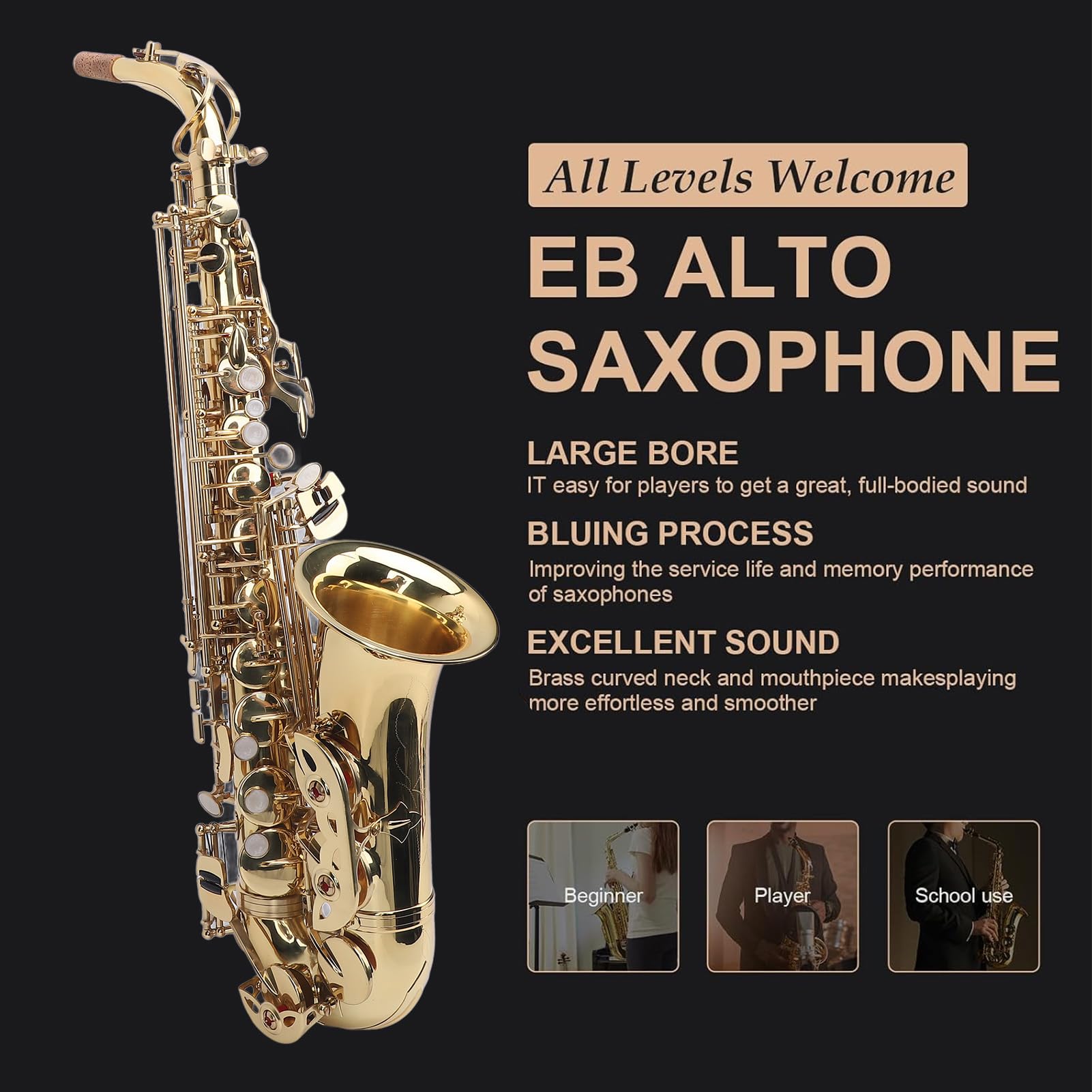 Sassofono Mib Alto, Kit Professionale per Sassofono Mib Alto in Ottone con Custodia per Trasporto e Cinghie per Bocchino for Studenti, Principianti, Professionisti