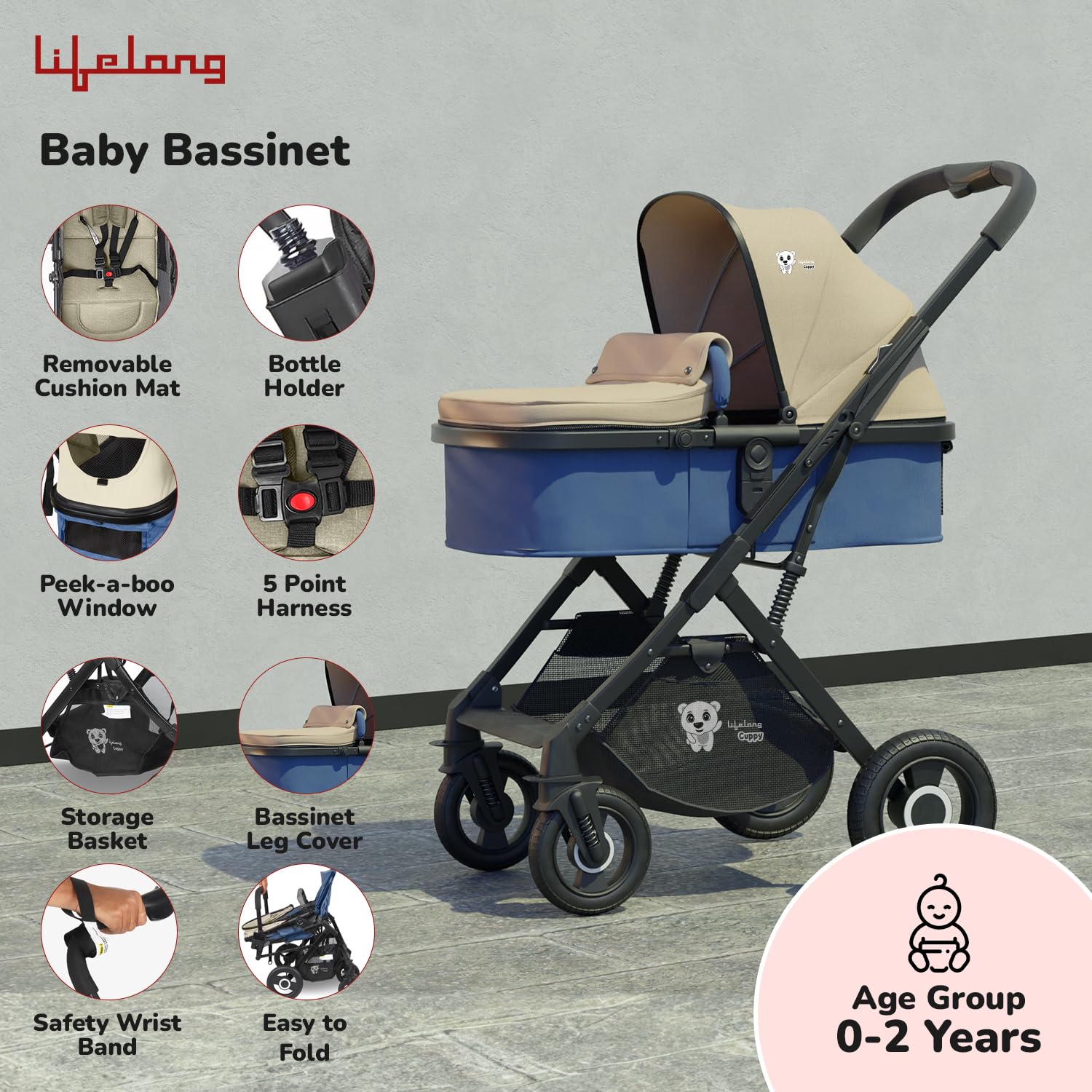 Lifelong Cuppy Baby Strollers 0 to 3 Years - 4 in 1 Stroller/Pram,Car Seat,Bassinet & Carry Cot - Sturdy Stroller with Bottle Holder & Mosquito Net|Foldable & Pram,Blue Beige - Image 3 thumbnail