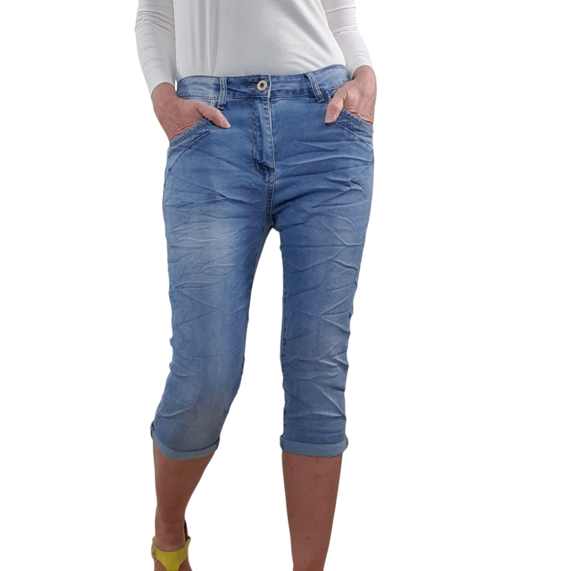 Karostar Dames Baggy Denim Stretch Bermuda Korte Denim Jeans Broek Boyfriend |Decoratieve Sieraden Knopen | 7/8 Capri, Denim Washed, M