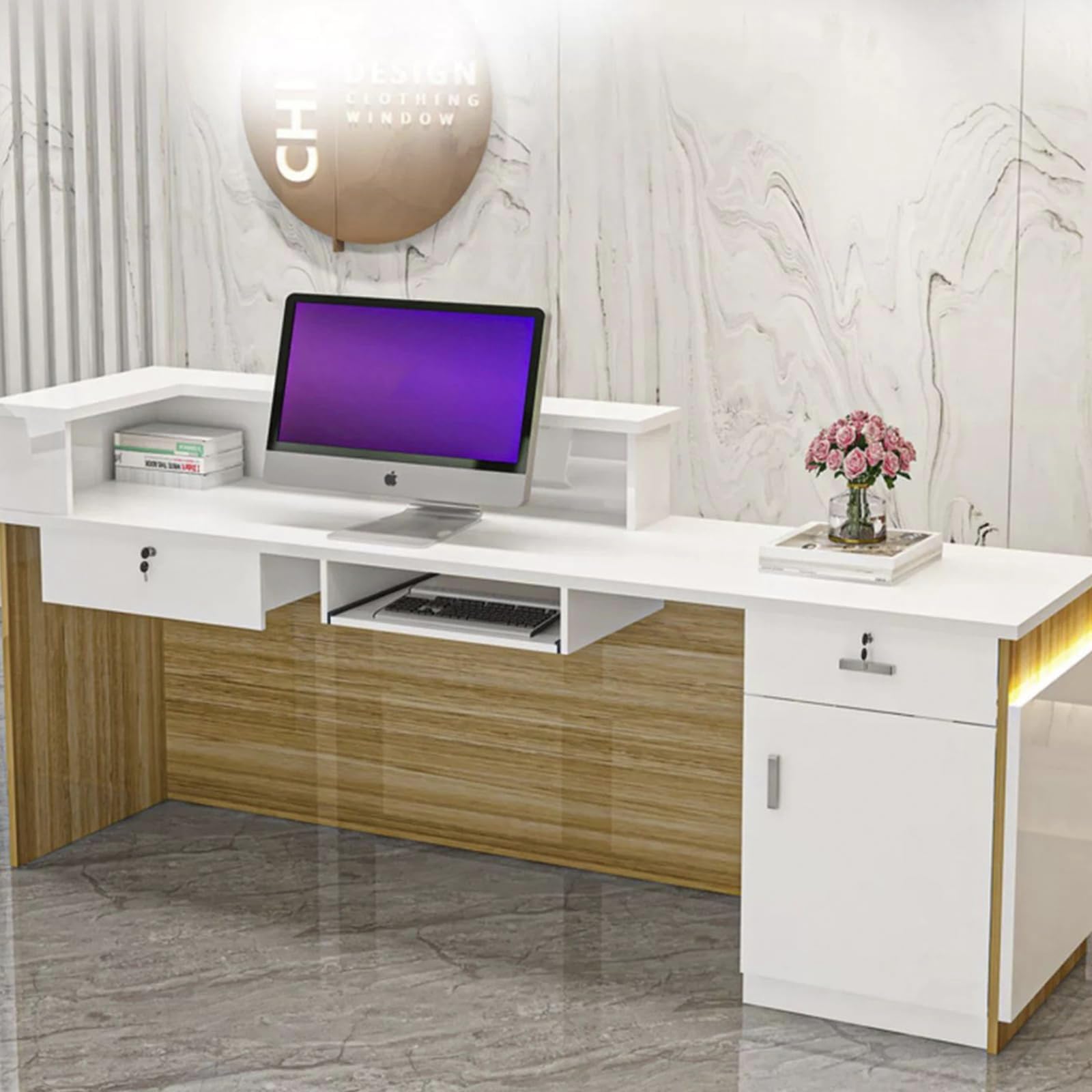 Banco Reception 140x60x110cm Bianco Con Cassetti - Per Negozi, Salon, Hotel E Uffici - Foto 8