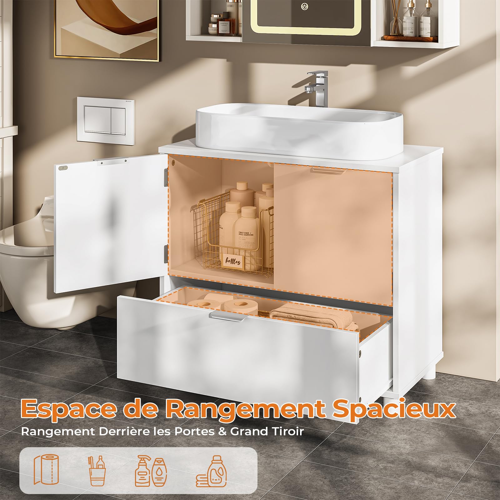 Waschbeckenunterschrank, Badezimmerschrank mit 2 Türen, große Schublade, viel Stauraum, Badezimmer Unterschrank Waschtischunterschrank Badschrank weiß,30 x 60 x 60 cm