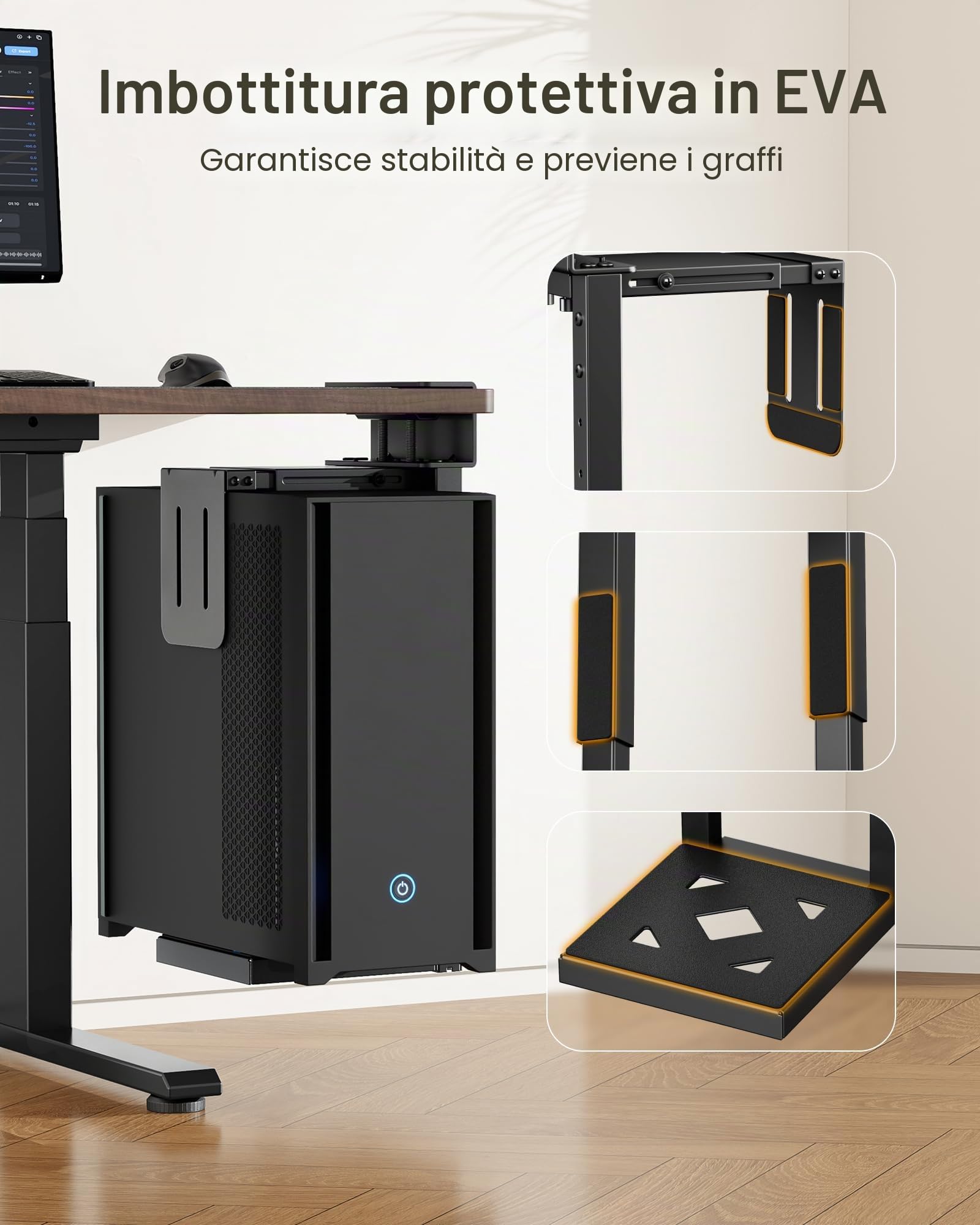 monTEK Supporto per PC da 30 kg, resistente sotto scrivania, montato senza foratura, supporto per PC regolabile con cuscinetti protettivi, altezza 16,1"-25,6", ideale per ufficio, casa, aula, nero