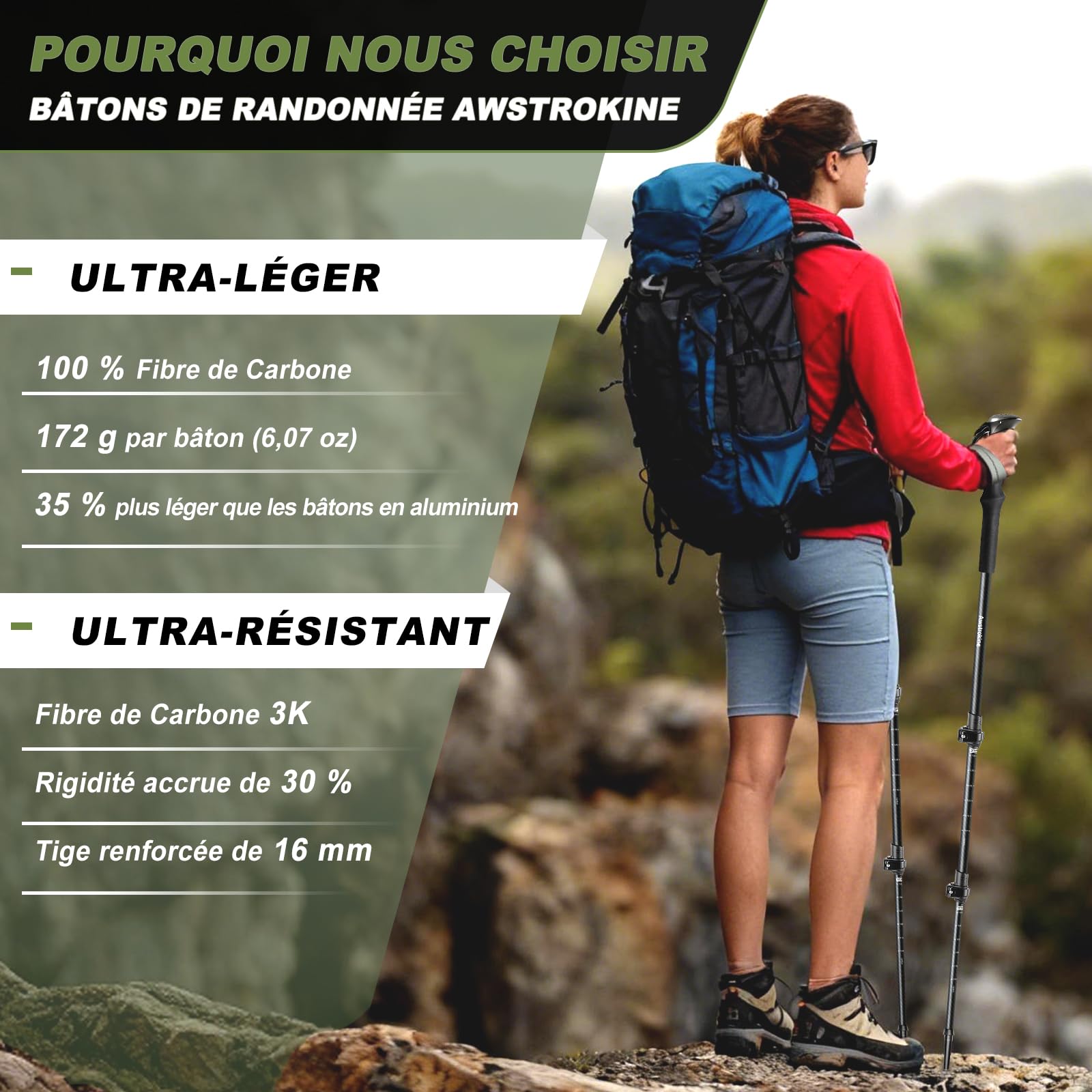 Bastoncini da trekking ultraleggeri in fibra di carbonio, 172 g, per nordic walking con manico full eva e chiusura rapida in metallo, per anziani, donne e uomini, set da 2