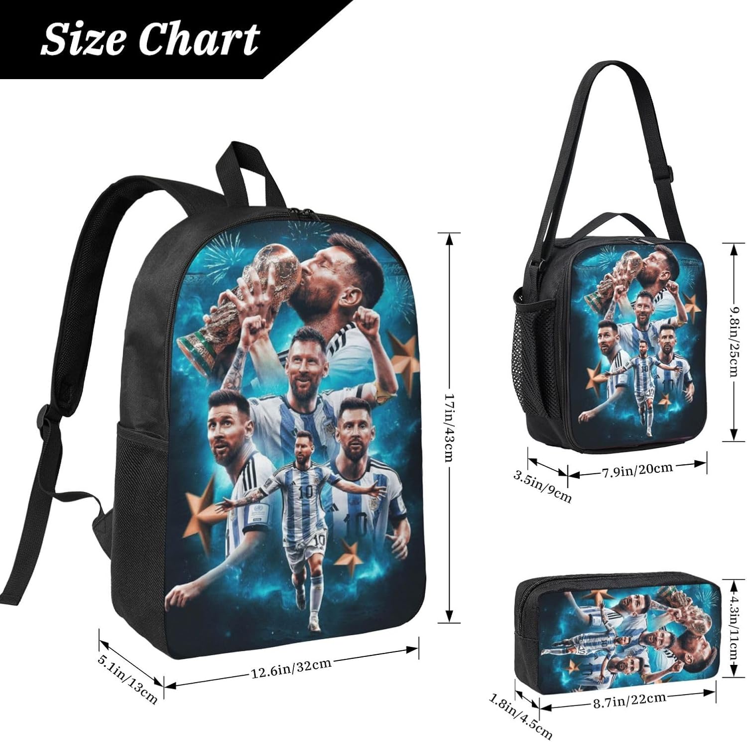 Soccer Backpack Set for Men Women Lightweight Laptop Backpack, Lunch Bag and Pencil Case