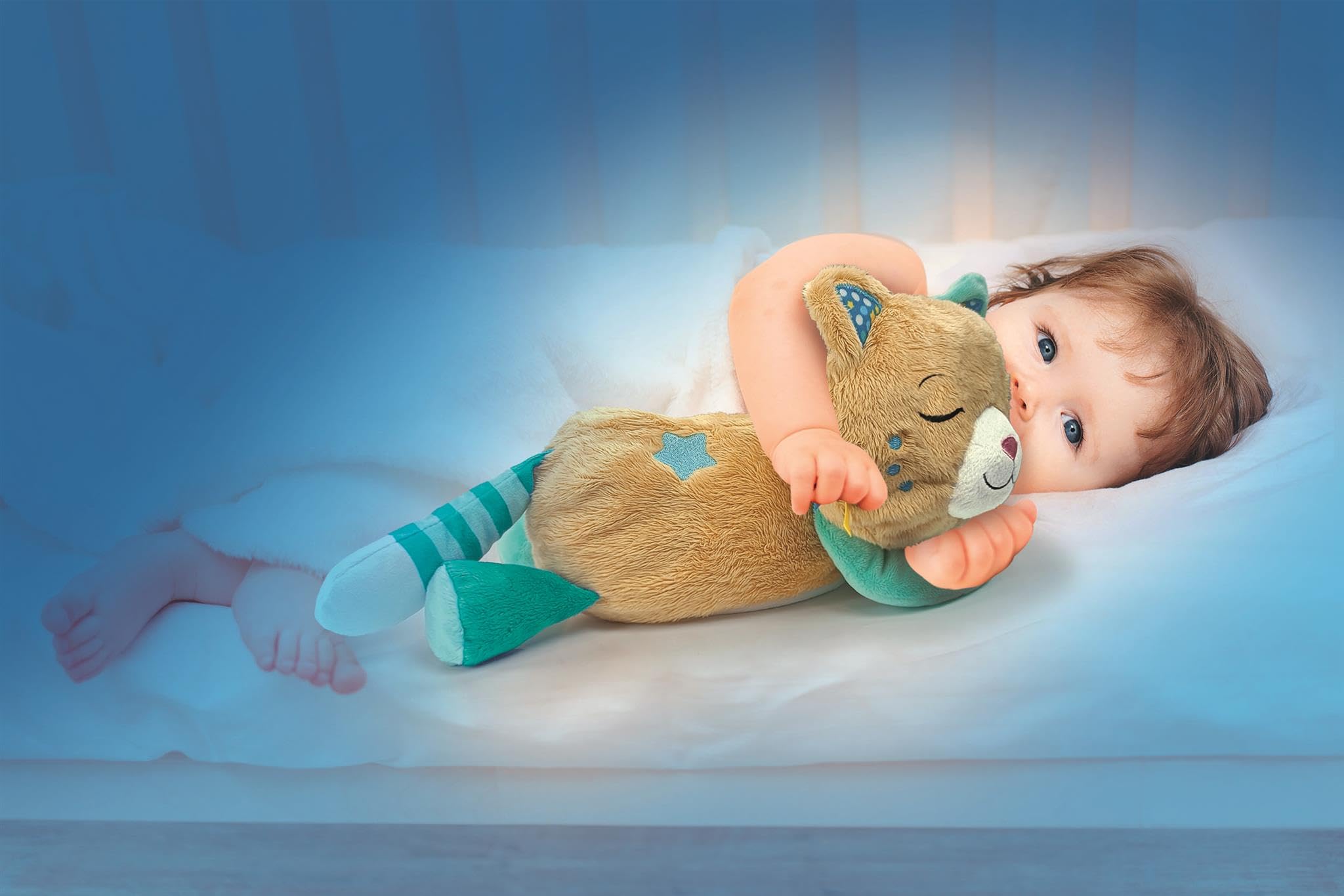 Clementoni Atmendes Kätzchen Plüschtier | Beruhigender Schlafbegleiter mit beruhigender Vibration, Musik und Naturgeräuschen | Waschbares Stofftier für Babys und Kleinkinder