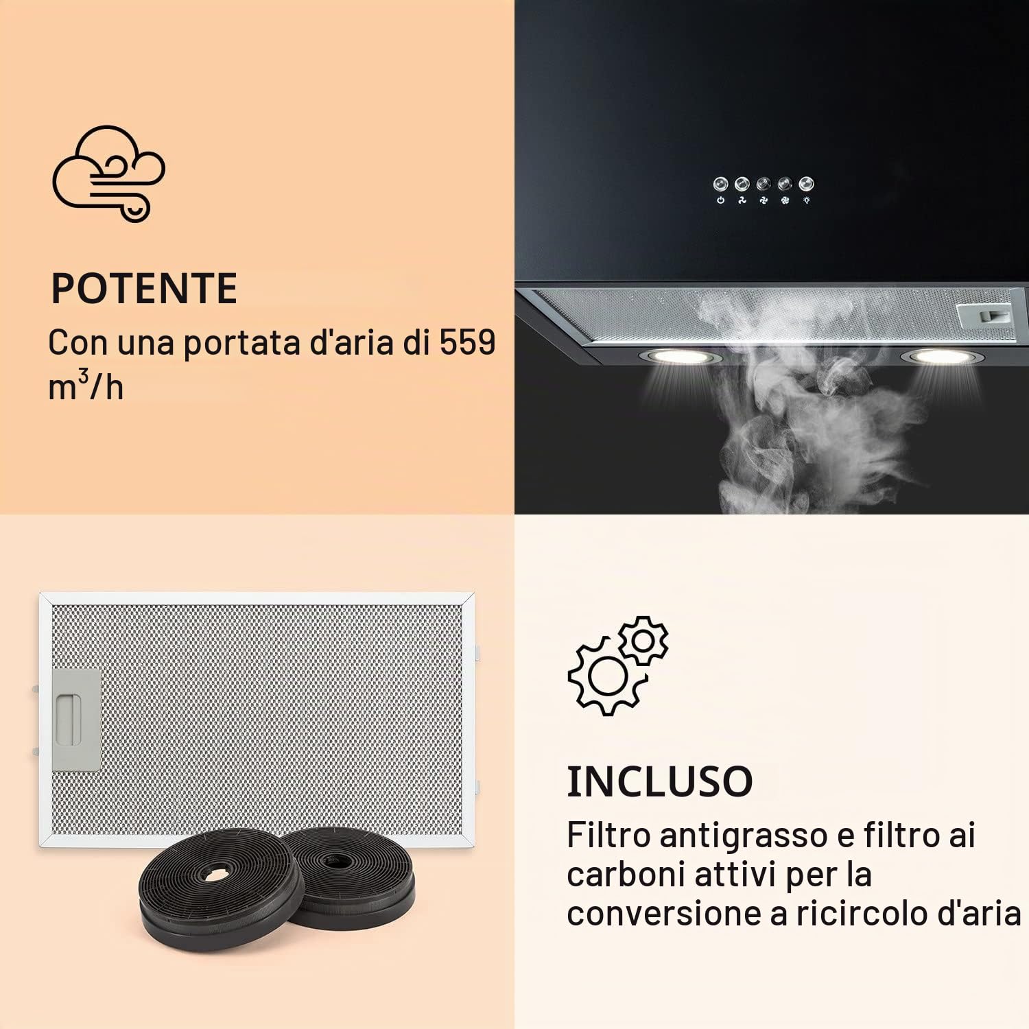 Klarstein Monumenta - Cappa aspirante a parete, funzione di scarico/ricircolo, capacità aspirante di 559m³/h, acciaio inox, 2 x filtri a carboni attivi, alluminio