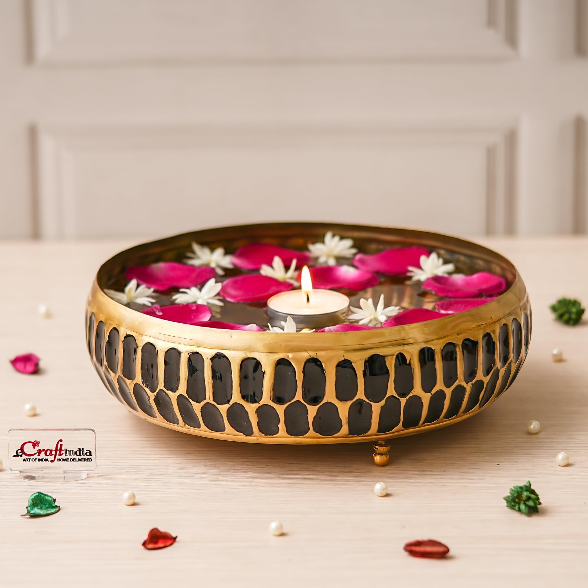 eCraftIndia Black Golden Metal Urli Bowl for Home Decoration Office Tv Unit Kitchen Showpiece for Good Luck | Urli for Floating Candles Flowers for Pooja Room Entryway Living Room Diwali Gift