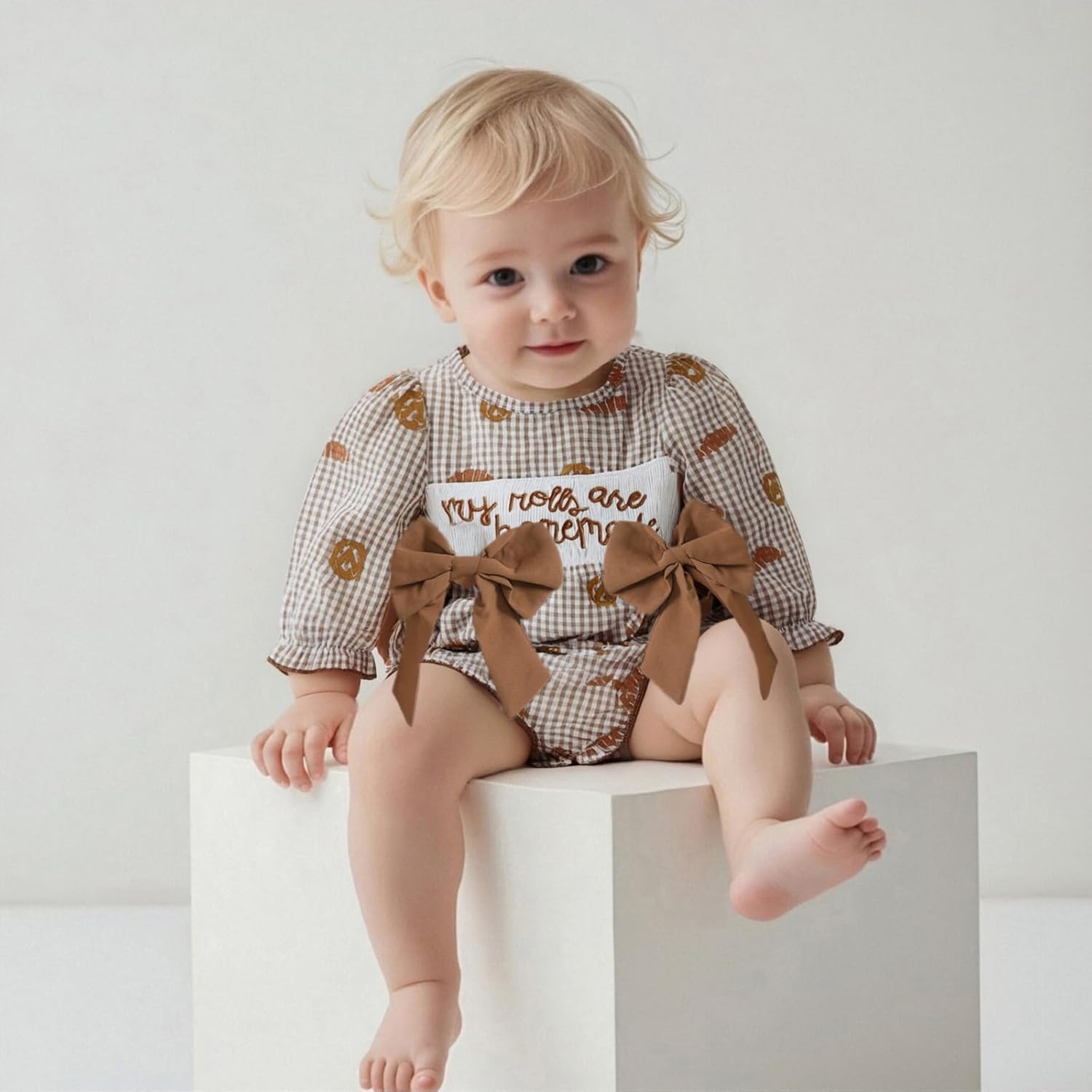 allshope Infant Baby Girl Thanksgiving Outfit Jumpsuit Plaid Croissant Smocked Bubble Romper Bodysuit Newborn Fall Clothes - Image 5