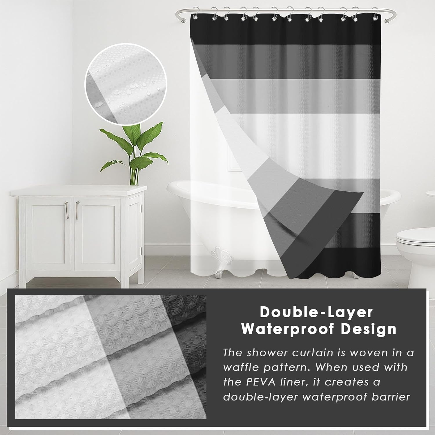 Britimes Black Stripes Bathroom Sets with Shower Curtain and Rugs, Modern Minimalist Ombre Grey Waterproof Shower Curtain Liner and Soft Non Slip Bath Mat for Bathroom Decor and Accessories Hooks