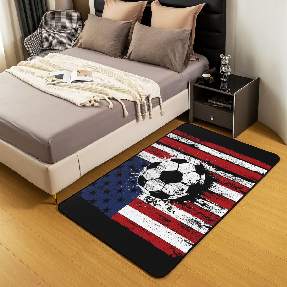 Homemissing Tappeto per area di calcio, 150 x 200 cm, con stampa bandiera americana, per soggiorno, camera da letto, camera da letto, calcio, videogiochi, con retro antiscivolo, tappetino per interni