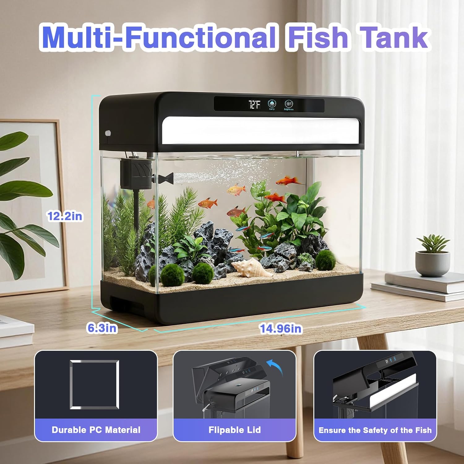 Fish Tank Starter Kit, 3 Gallon Smart Aquarium for Beta, 3-in-1 Silent Water Pump with Filteration & Circulation & Oxygenation, Temperature Display, 7 Colors LED Lights (Black)
