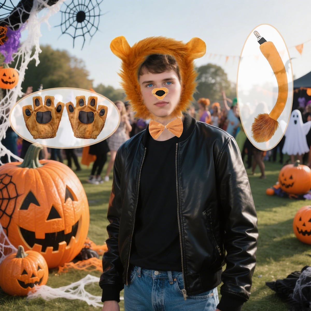 Lion Costume Adult Halloween Cowardly Costumes Ears Headband Tail Nose Bowtie Gloves Cosplay 6PCS (Lion) - Image 4