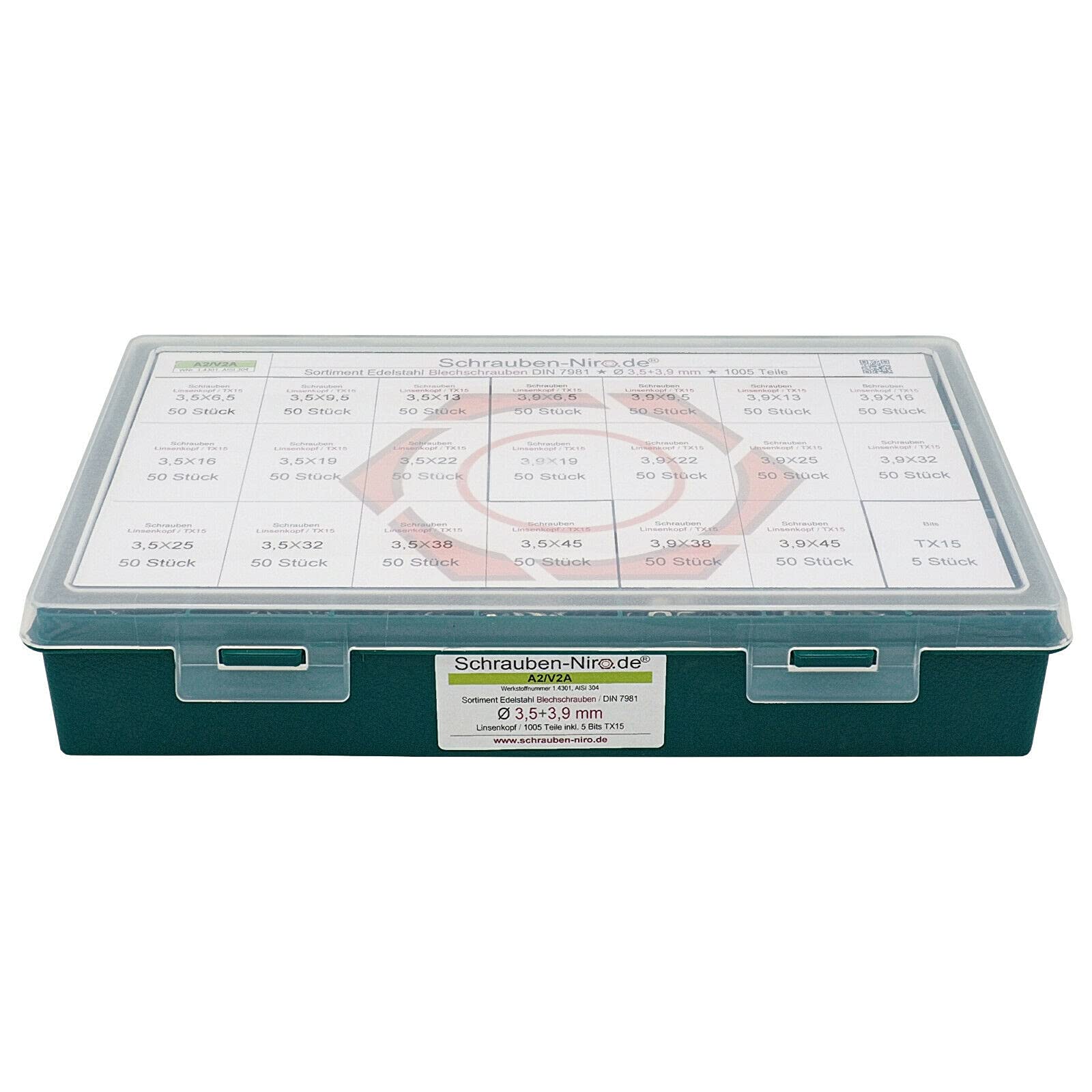 Sortiment Linsenkopf-Blechschrauben Edelstahl 3,5 und 3,9 mm Durchmesser - ISO 14585 / DIN 7981 - Linsenblechschraube mit Innensechsrund (Torx) T15 - Werkstoff A2 (VA / V2A) - 1005 Teile