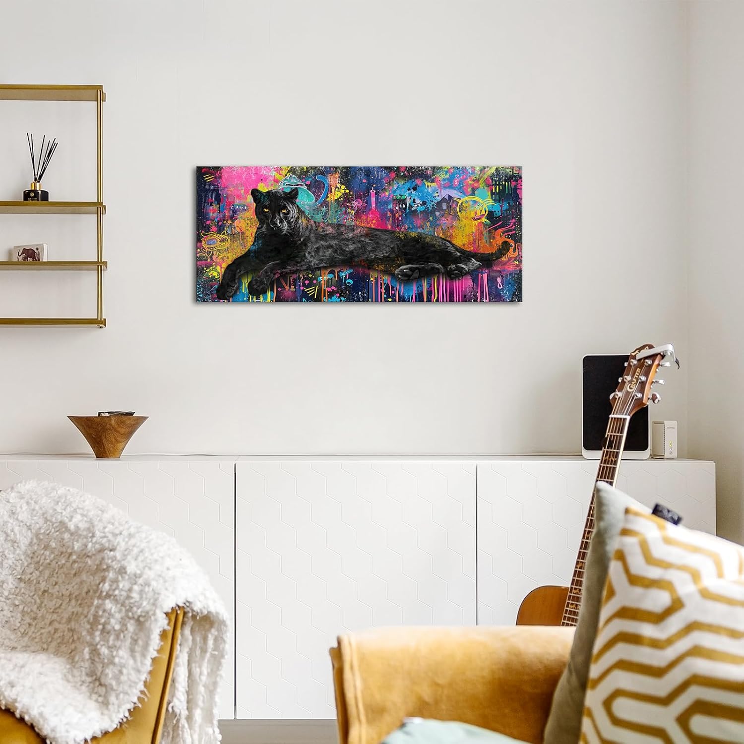 iKNOW FOTO Black Panther Wall Art 20x48 Inch Colorful Graffiti Canvas Prints Modern Animal Artwork for Living Room Bedroom Office Hallway Stretched Canvas Ready to Hang