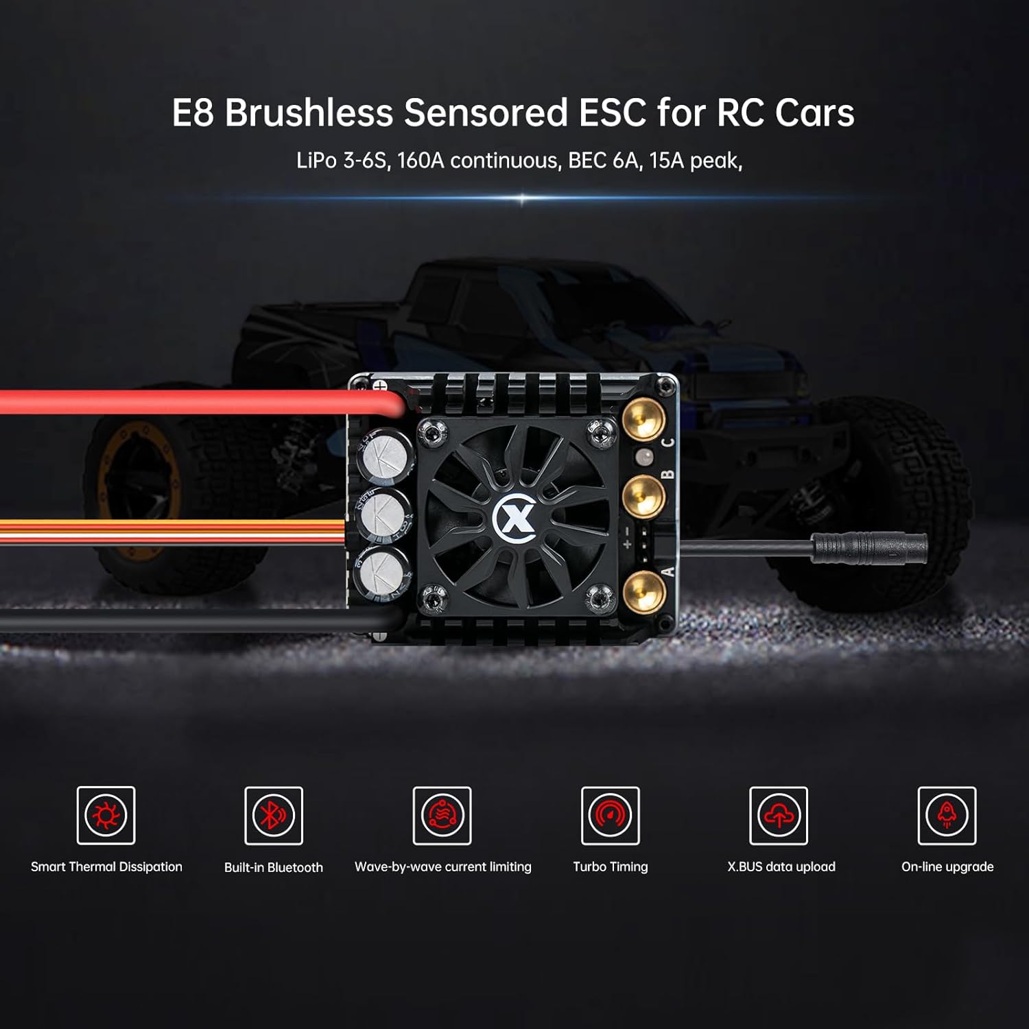 XC E8XT60 Sensored Brushless ESC for RC Car, 3-6S Lipo,160A Continuous Current,6-15A、6.0/7.4/8.4V BEC,Applicable to 1/8、1/10,Support Turbo Timing and APP Control