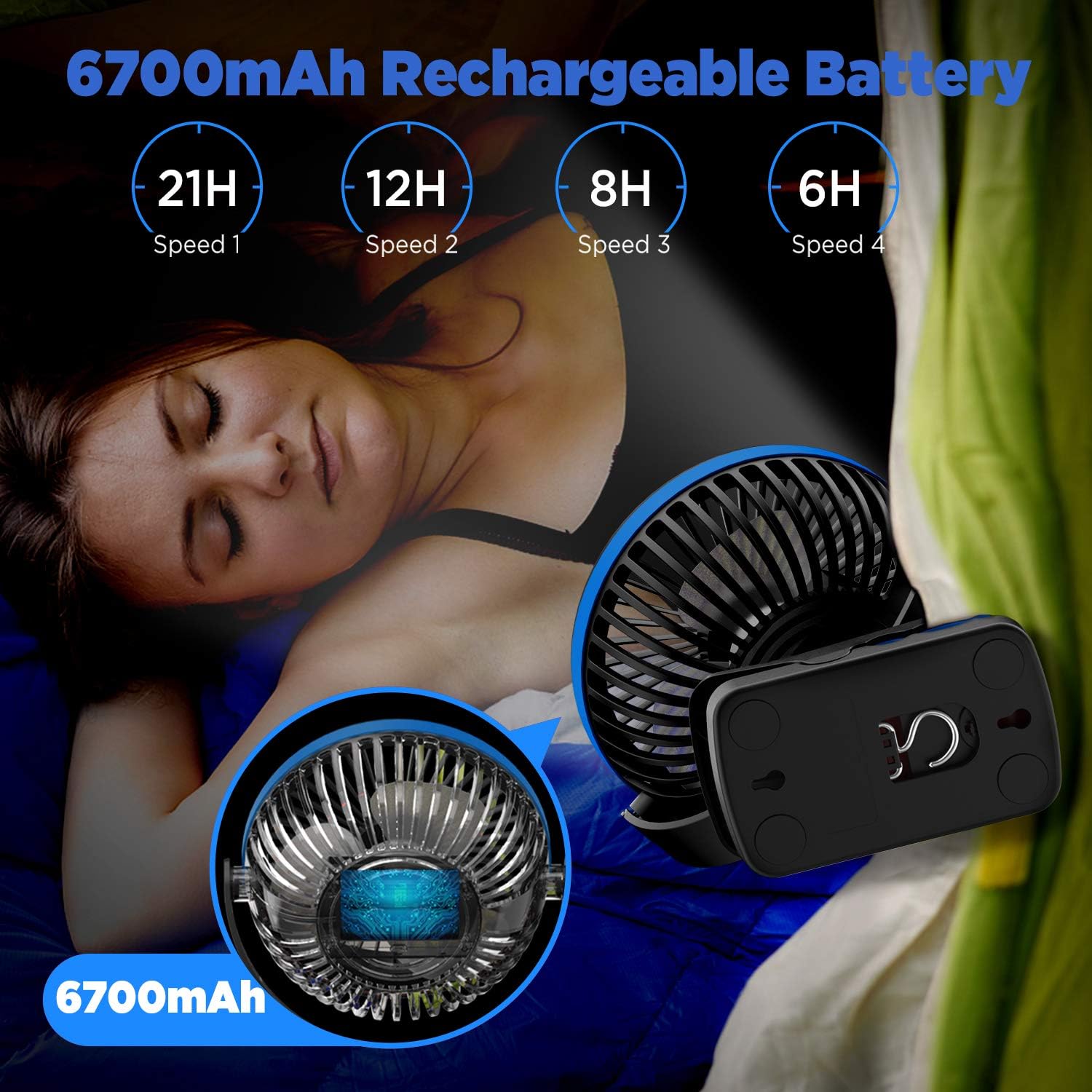 OUTXE Camping Fan with LED Light 6700mAh Clip-On Tent Fan with Hanging Hook USB Rechargeable Tent Fan Portable Fan Outdoor