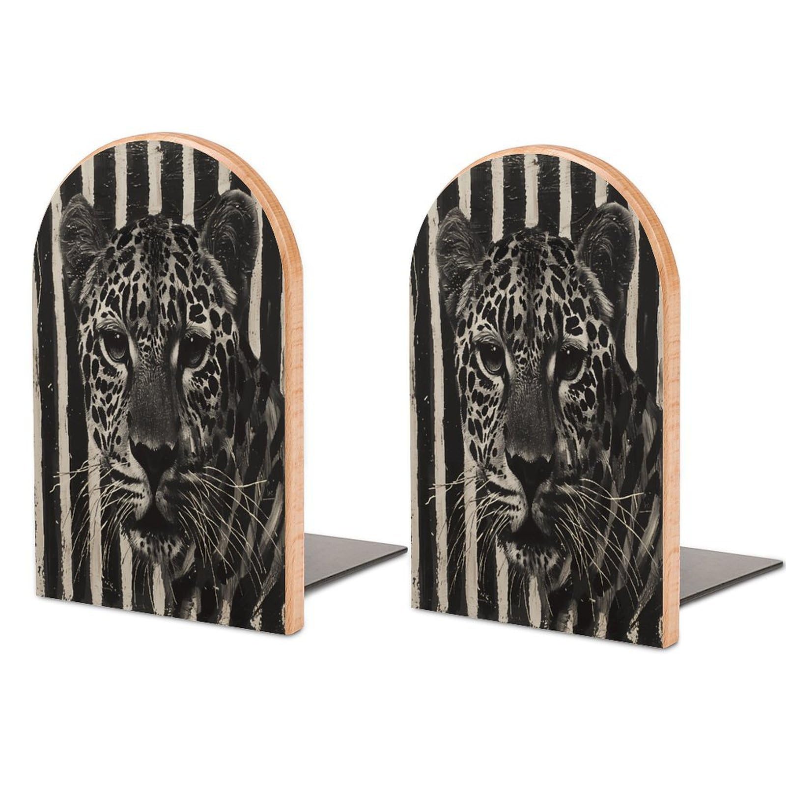 Sujetalibros de leopardo a rayas en madera y metal para estanterías de oficina