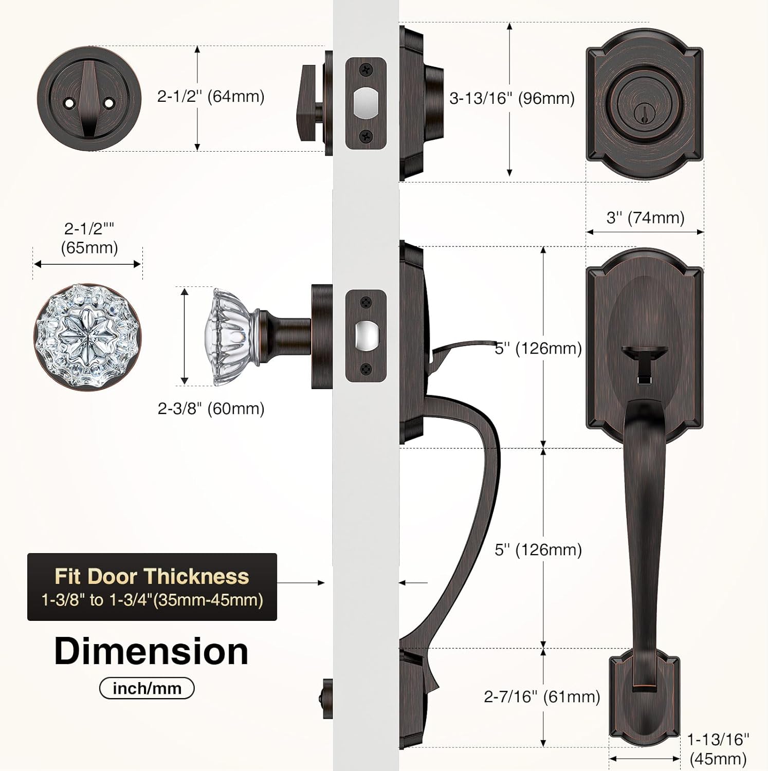 Vintage Front Door Handle and Deadbolt Set, Front Door Lock Set with Crystal Glass Door Knob, Entry Door Lock Set with Single Cylinder, Reversible for Right & Left, Oil Rubbed Bronze