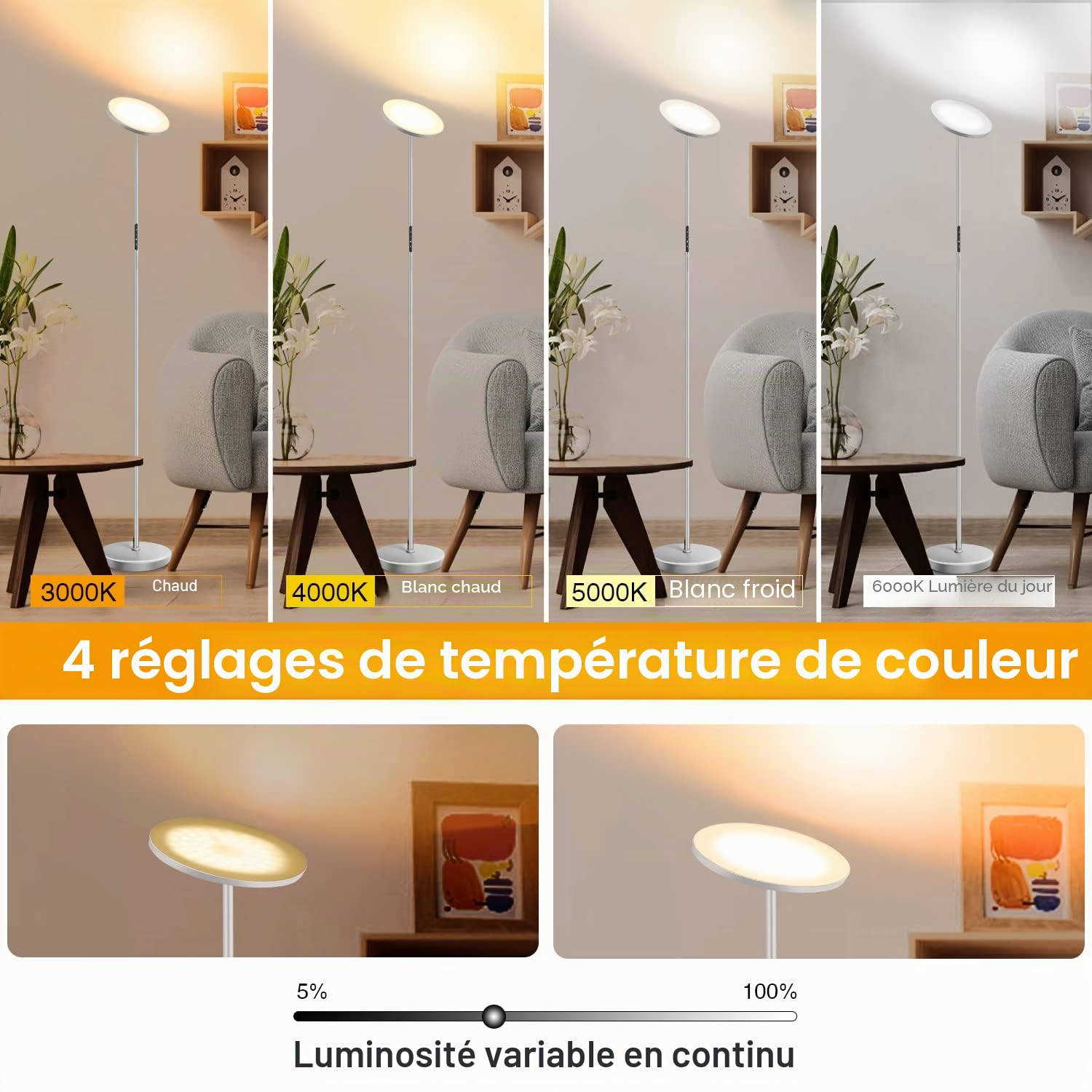 OUTON Lampadaire LED Dimmable 30W/3000LM, Super Lumineux Lampe sur Pied avec Télécommande et Contrôle Tactile, Minuterie 1-Heure, 3000-6000K, Haut Lampadaire sur Pied Salon, Chambre et Bureau