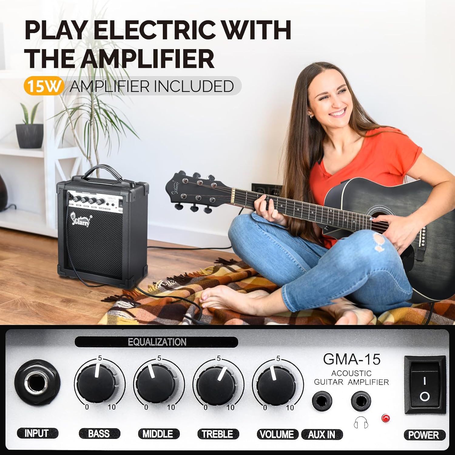 GLARRY 41in Full Size 6 Strings Acoustic Electric Guitar Beginner Kit w/ 15W Amp, Cutaway Design Electric Acoustic Guitar with Bag, Strap, Picks, Strings, Basswood Guitarra (Left Hand-Black, 41in)