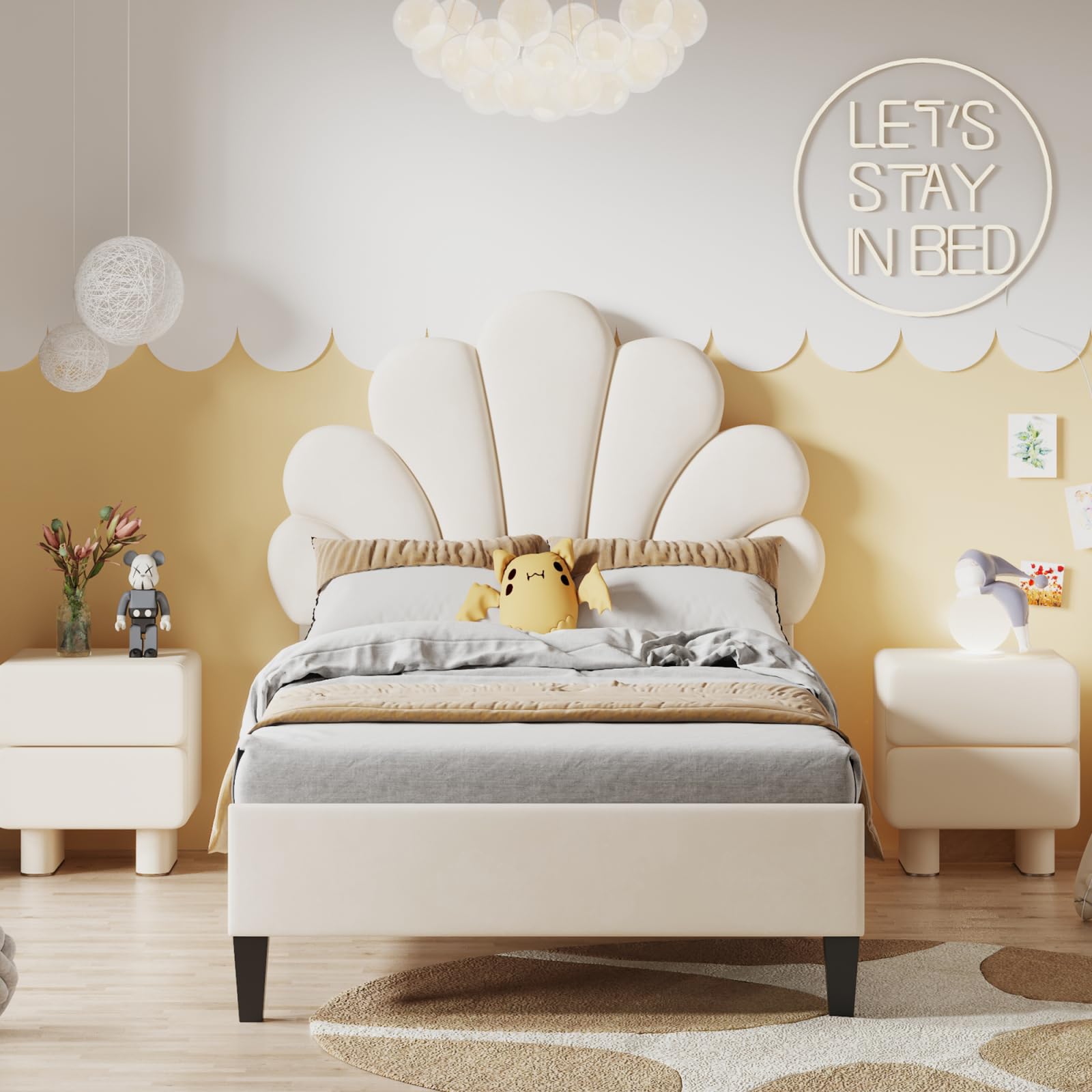 Generisch Kinderbett 90 x 200 cm, Weiß Prinzessinnenbett, Polsterbett, Einzelbett, Jugendbett mit Kopfteil in floral und Lattenrost, gepolstertes Bett aus Samt für Kinder, Jugend